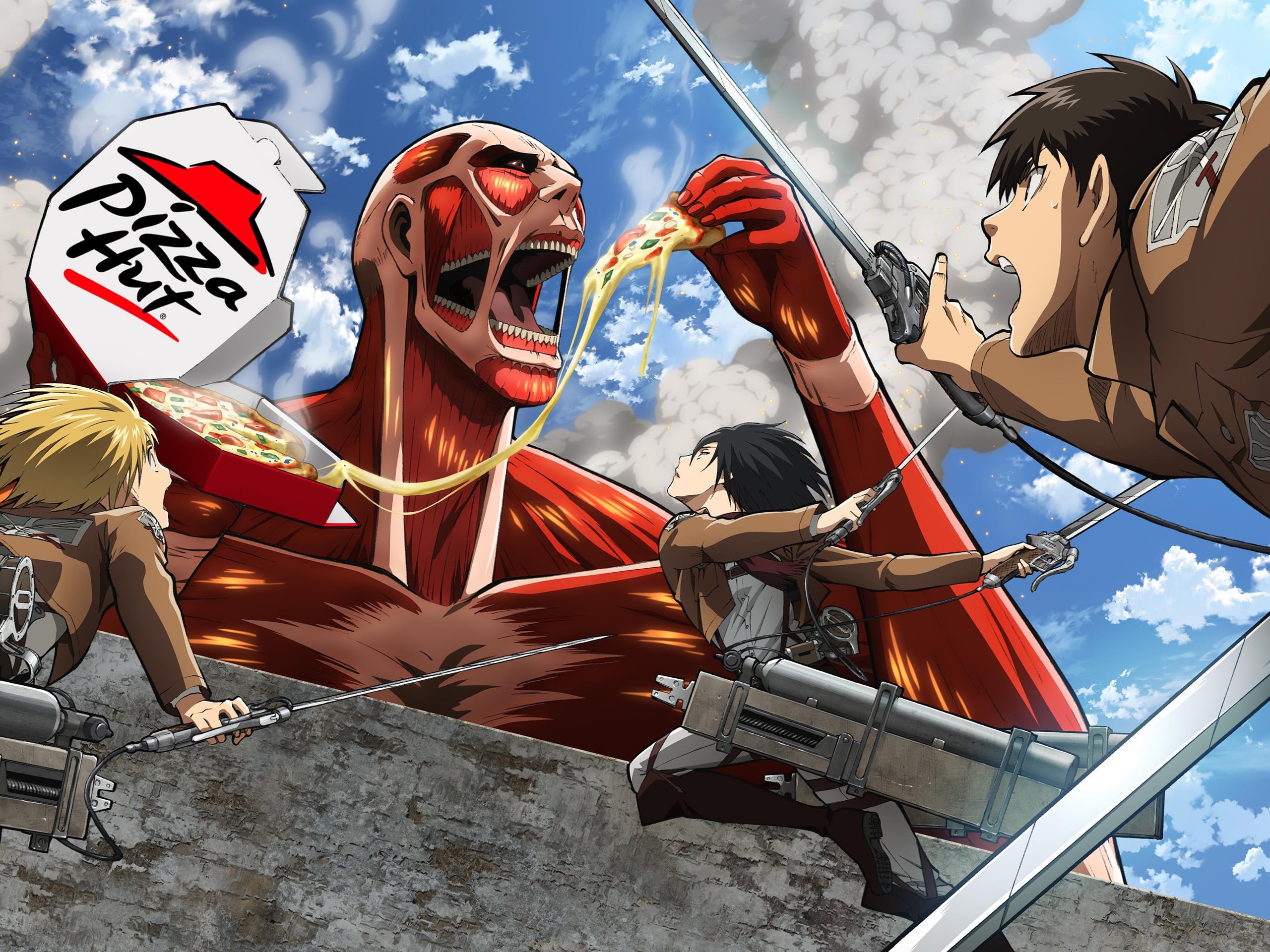 attack, anime, hut, 2K, sword, edited, on, titan, pizza, cartoon/comic, hd, giant, photo, logo, HD Wallpaper