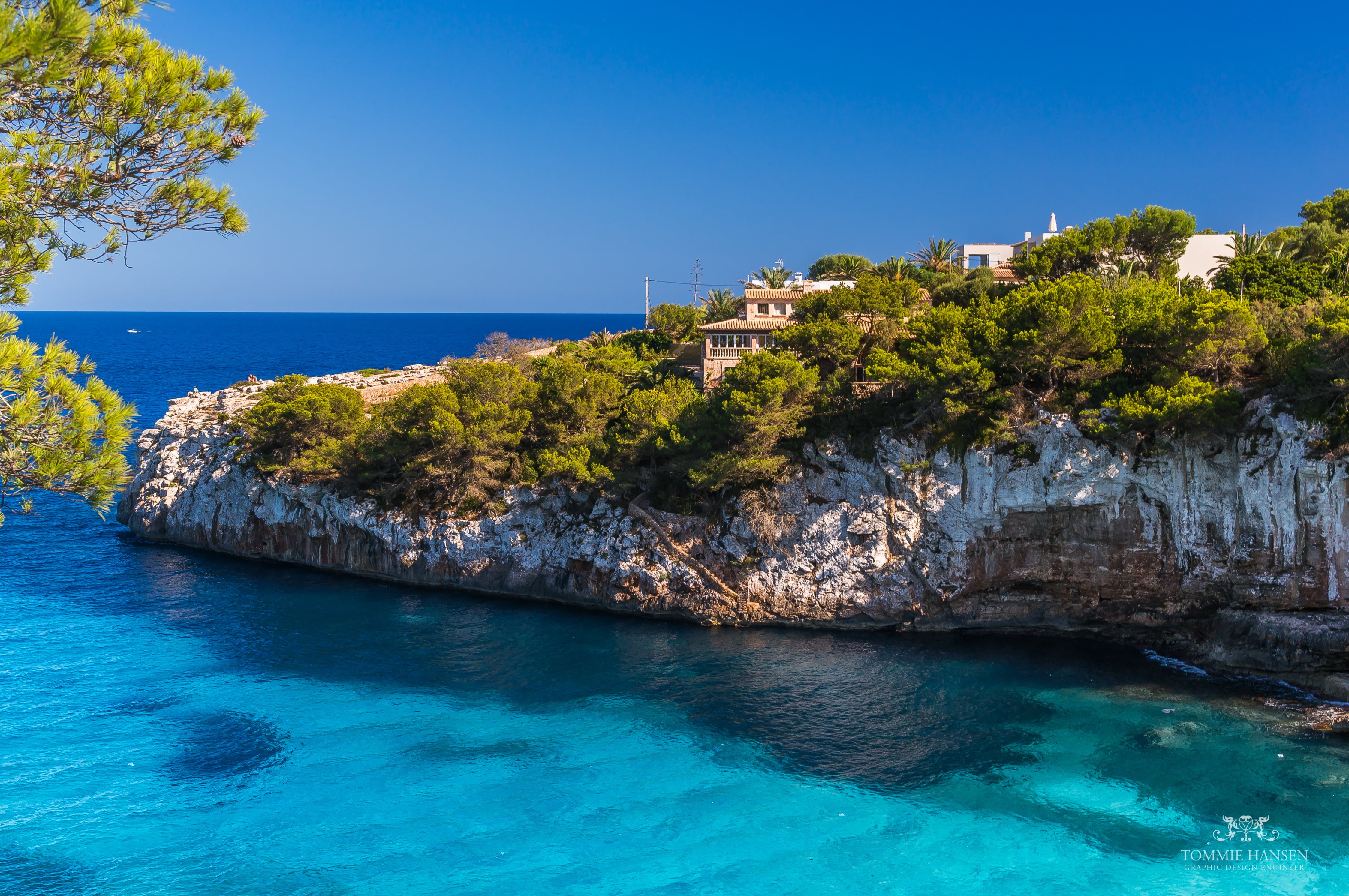blue, 4K, idyllic, landscape, top, summer, mediterranean Sea, vacations, Balearic Islands, house, mountain, scenics, sea, under the blue sky, on top, tourism, HD Wallpaper