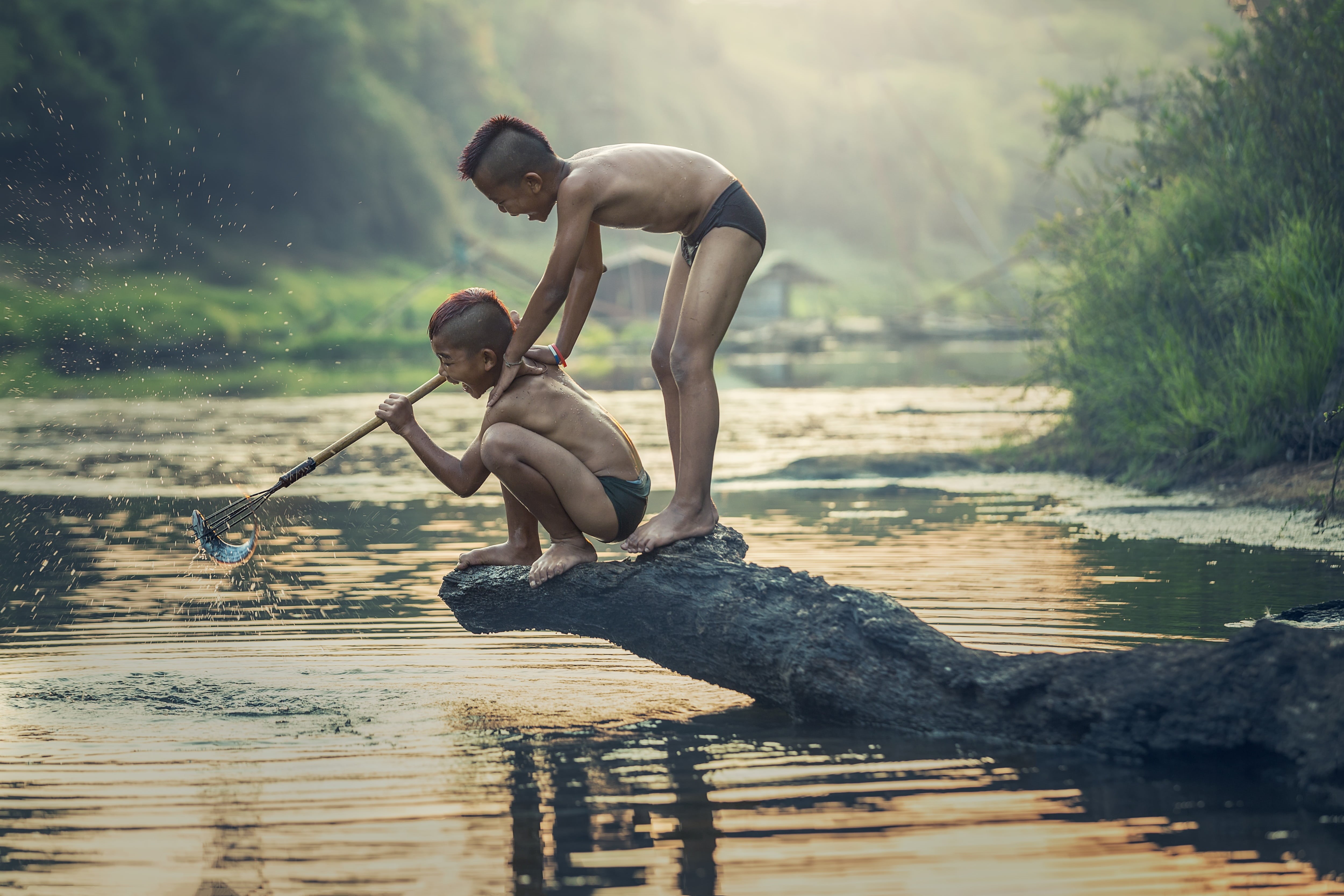 outside of the house, hobbies, men, two, the activity, the sun, full length, beautiful, rock, spring, indonesian, success, river, effort, background, face, HD Wallpaper