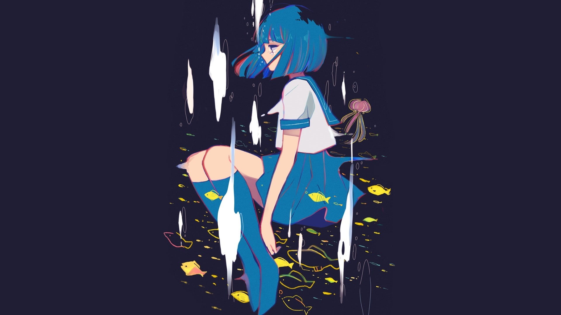 people, full length, manga, leisure activity, illuminated, copy space, group of people, simple background, women, 1080P, real people, blue hair, anime girls, HD Wallpaper
