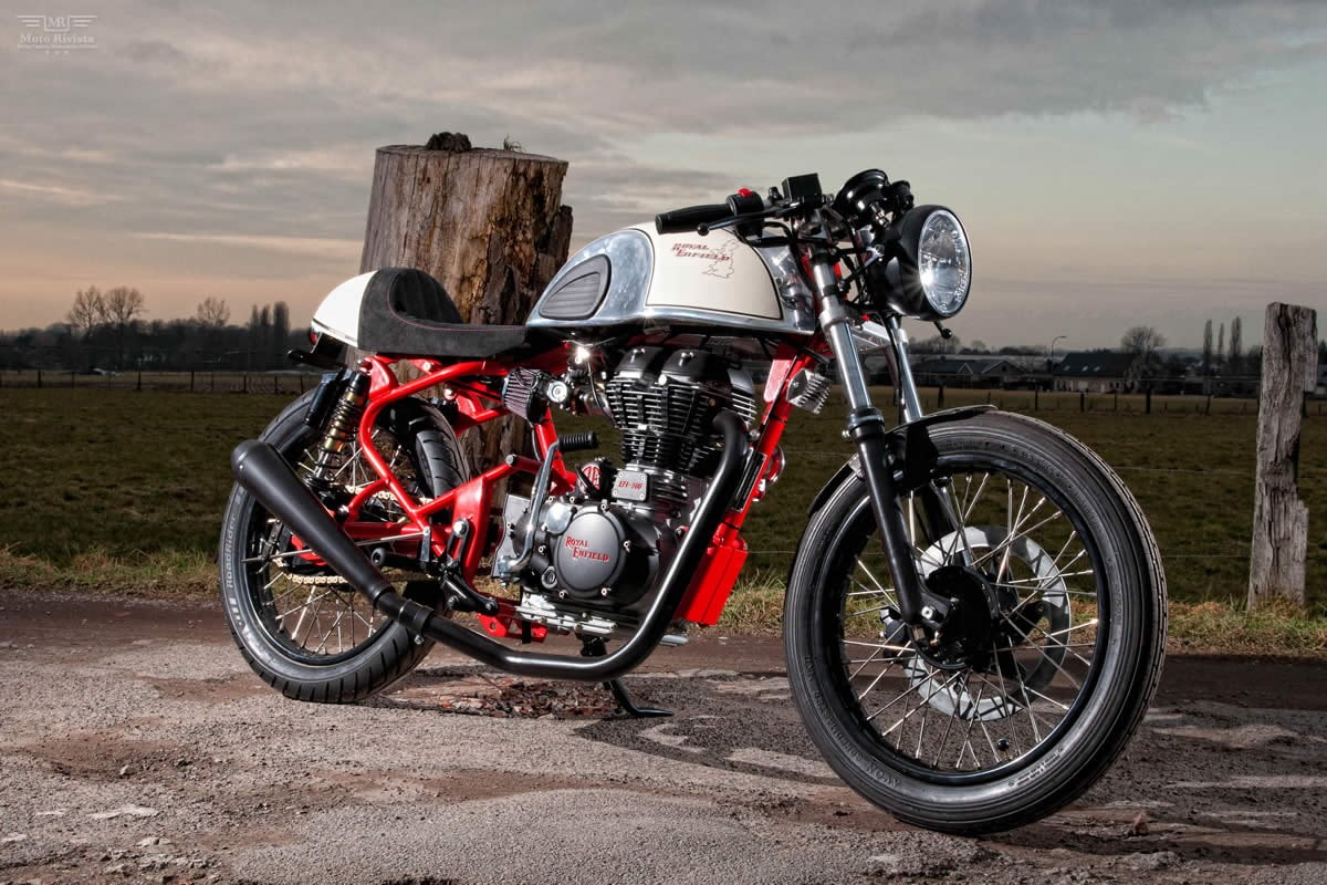 landscape, racer, 480P, scenics - nature, sunset, mode of transportation, cloud - sky, field, white, outdoors, land, Royal Enfield, cafe, Motorcycles, HD Wallpaper