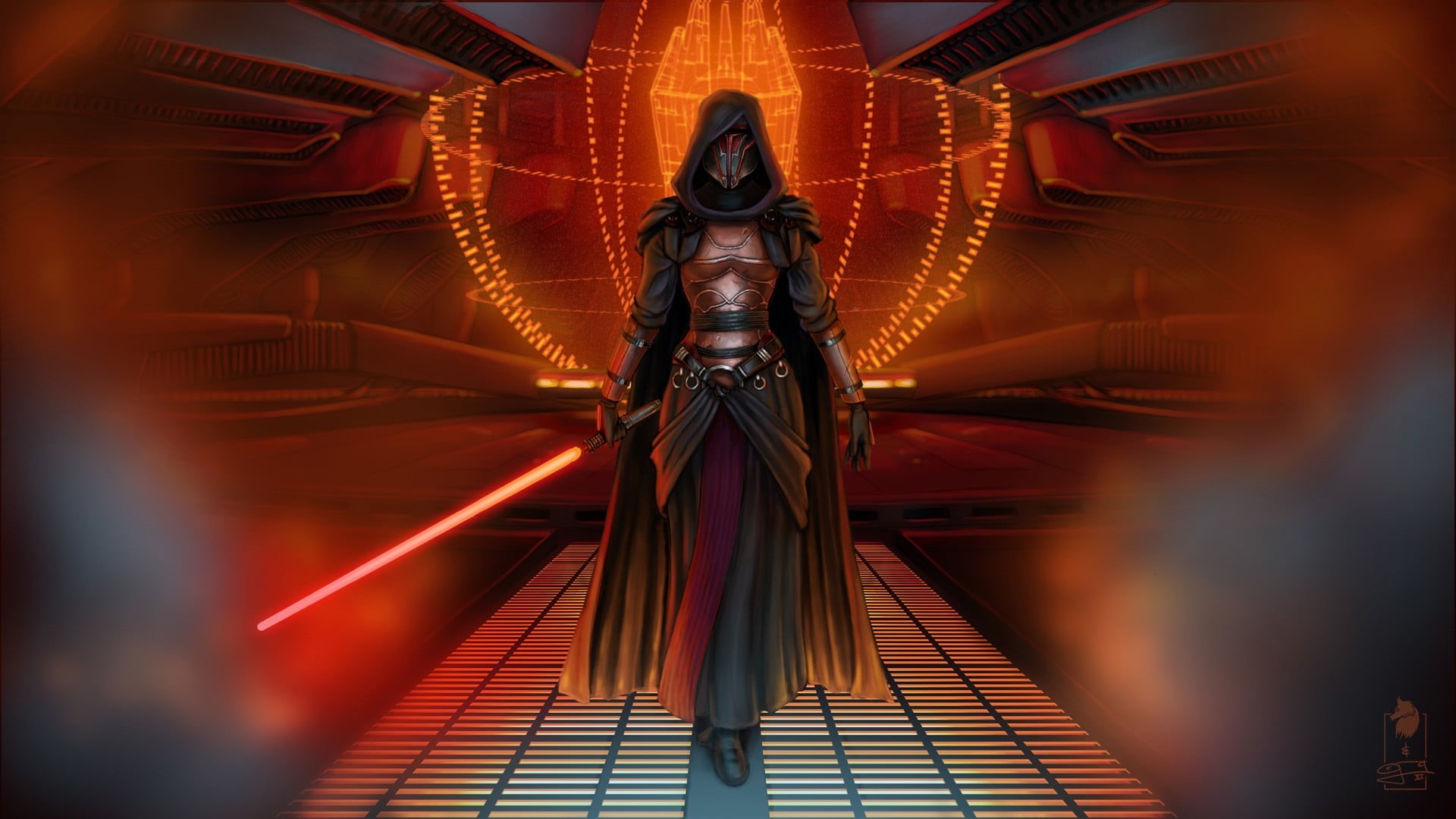 Jedi, hairstyle, Star Wars: Knights of the Old Republic, asia, religion, standing, indoors, front view, orange color, cultures, Revan, Star Wars, technology, HD Wallpaper