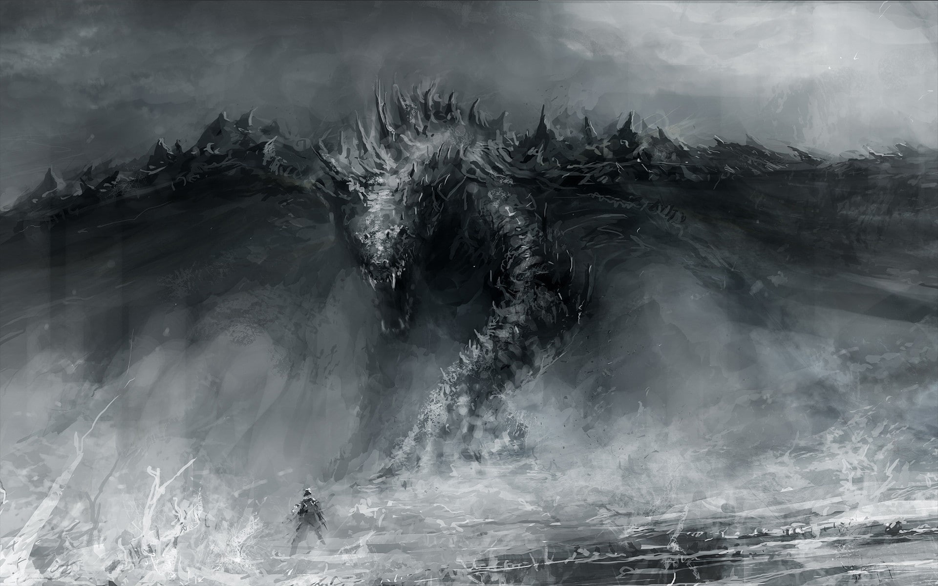 abstract, sea, creature, fantasy art, fighting, demon, artwork, digital painting, warrior, gray, 1080P, monochrome, digital art, dragon, HD Wallpaper