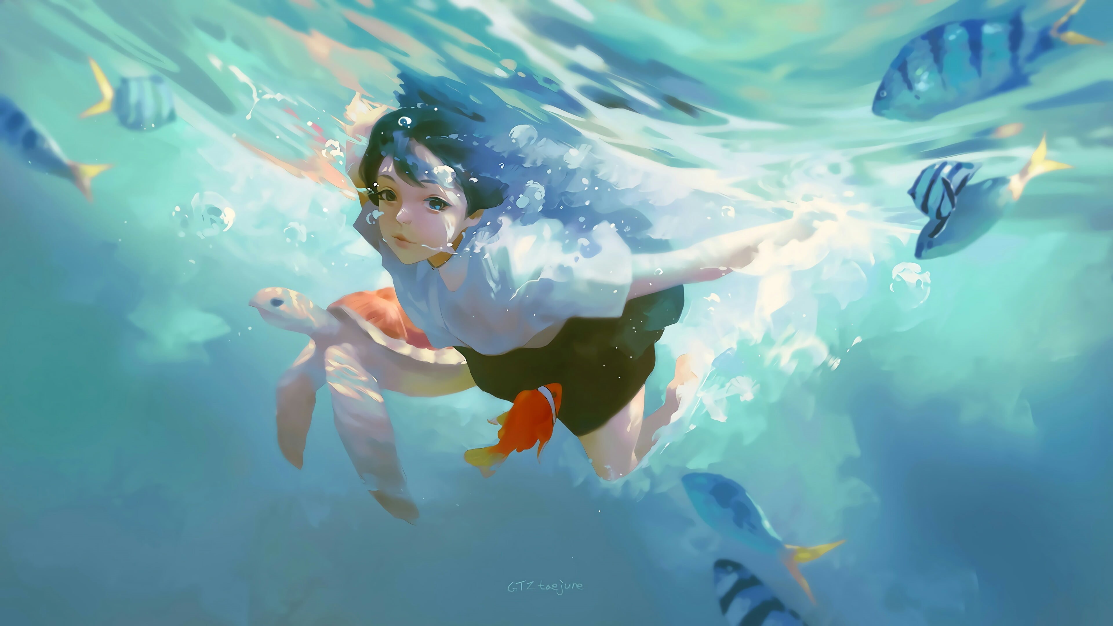 4K, Taejune Kim, women, original characters, looking at viewer, turtle, water, illustration, artwork, anime, drawing, in water, sea, digital art, anime girls, HD Wallpaper