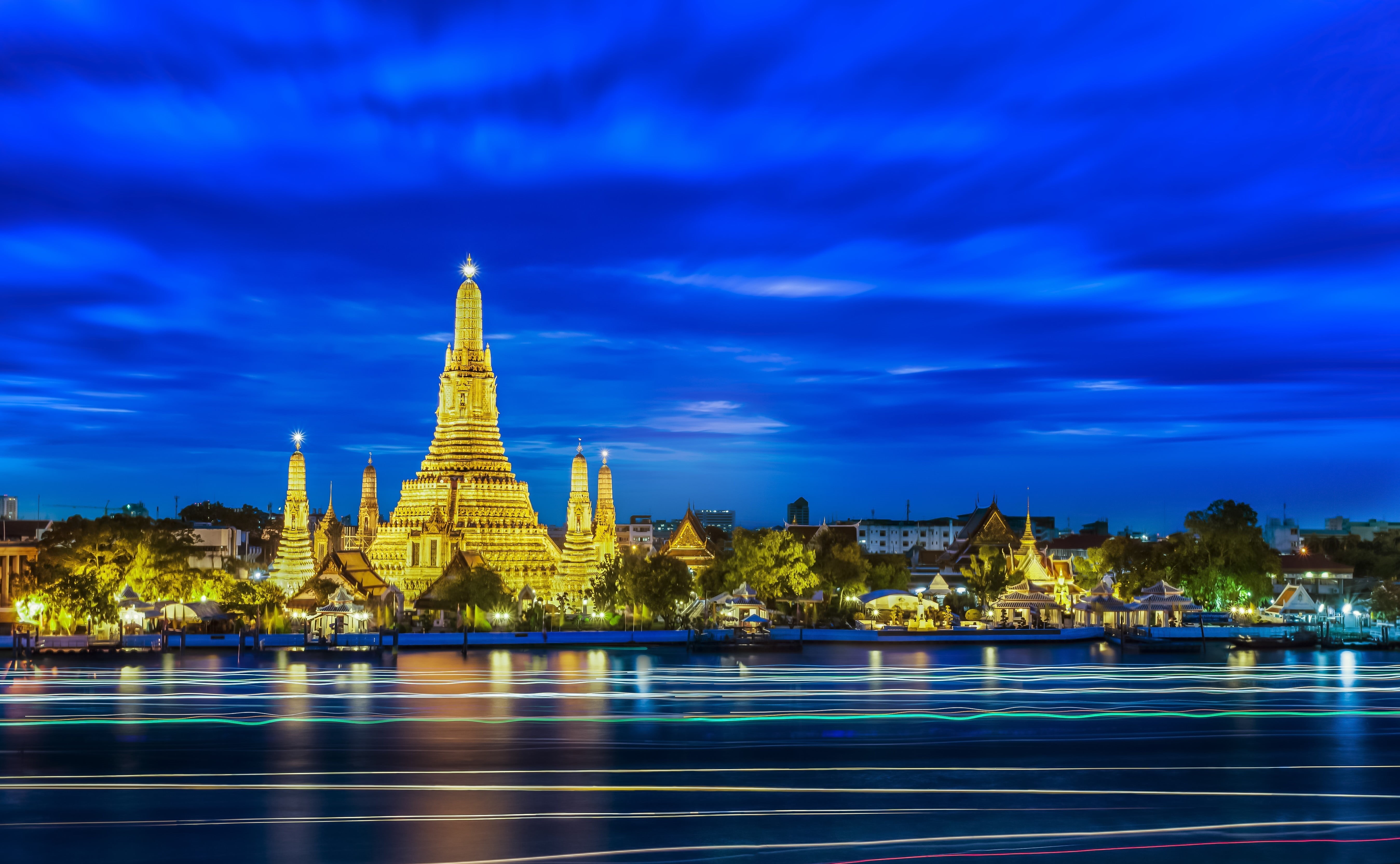 building, travel destinations, illuminated, architecture, water, sky, outdoors, place of worship, building exterior, city, light trails, cloud - sky, spire, HD Wallpaper