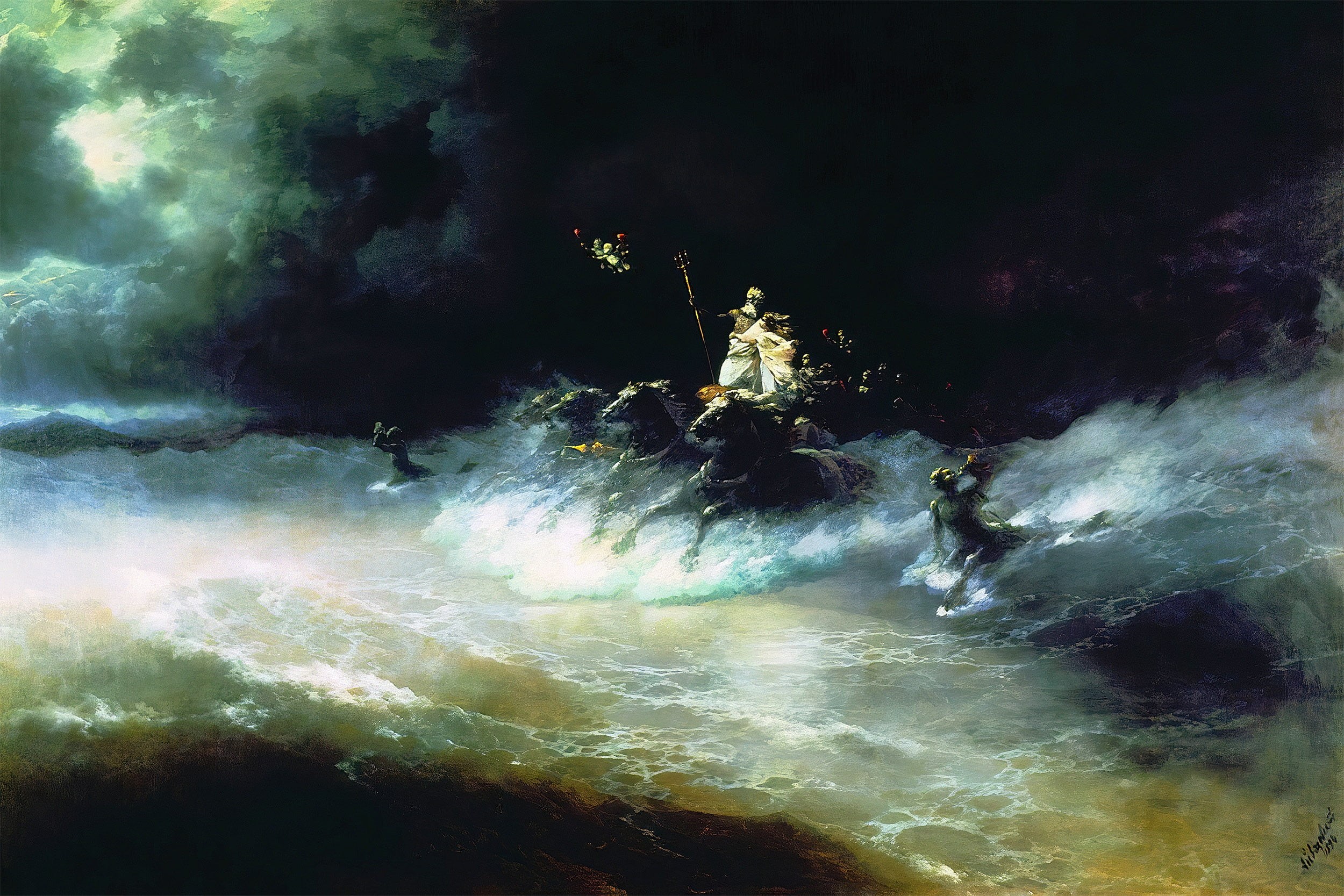 Poseidon, classic art, Ivan Aivazovski, Greek mythology, 1080P, Travel of Poseidon by Sea, painting, horse, HD Wallpaper