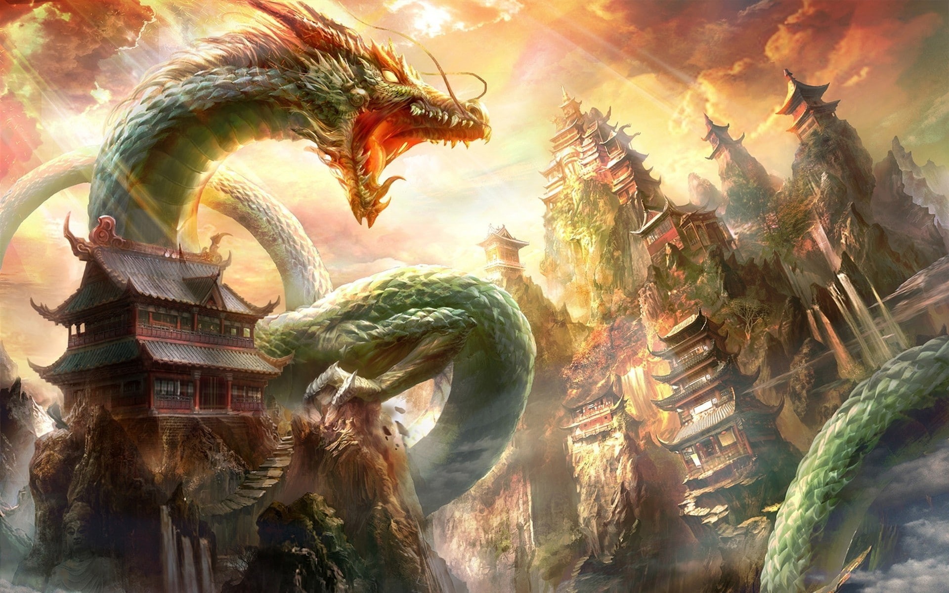 dragon, Chinese architecture, chinese dragon, fantasy art, 1080P, HD Wallpaper