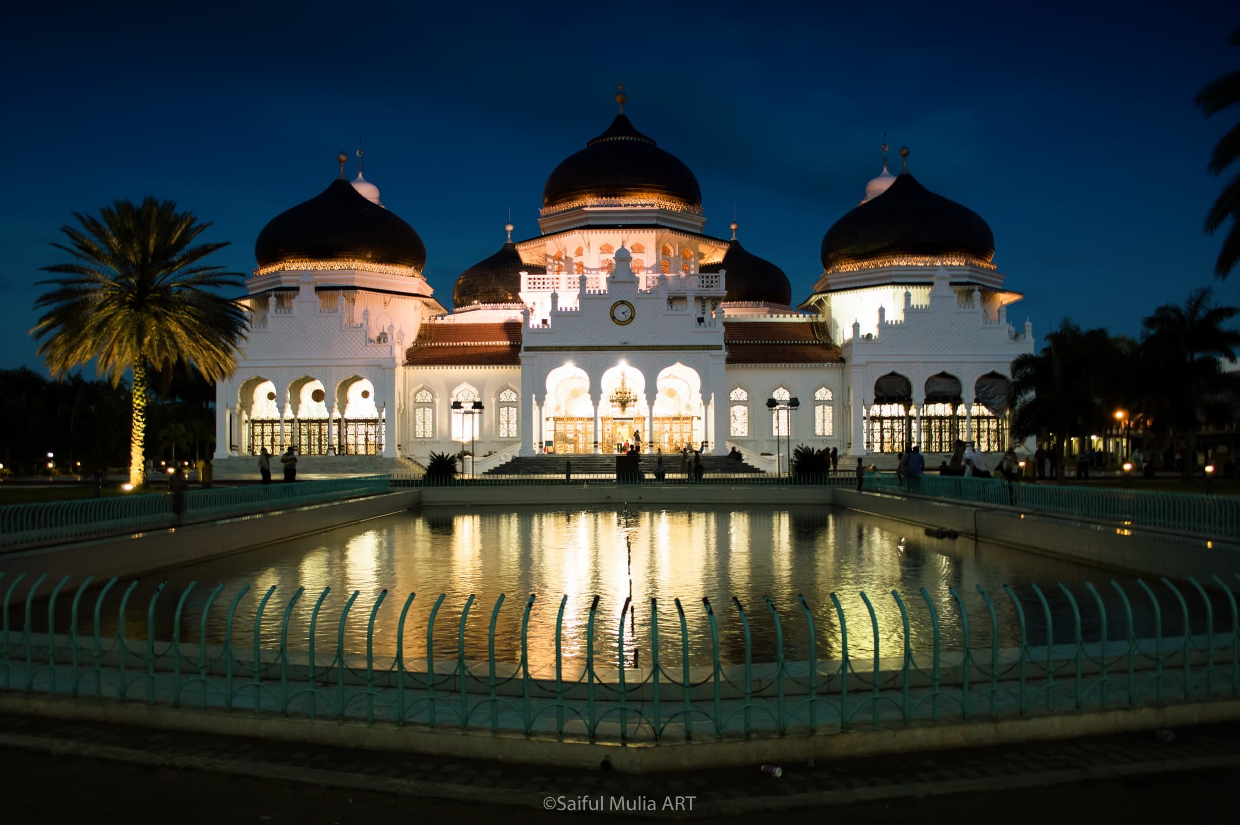 place of worship, sky, outdoors, water, belief, concrete, near, white, travel destinations, Banda Aceh, reflection, palace, Mosque, dome, night, no people, HD Wallpaper