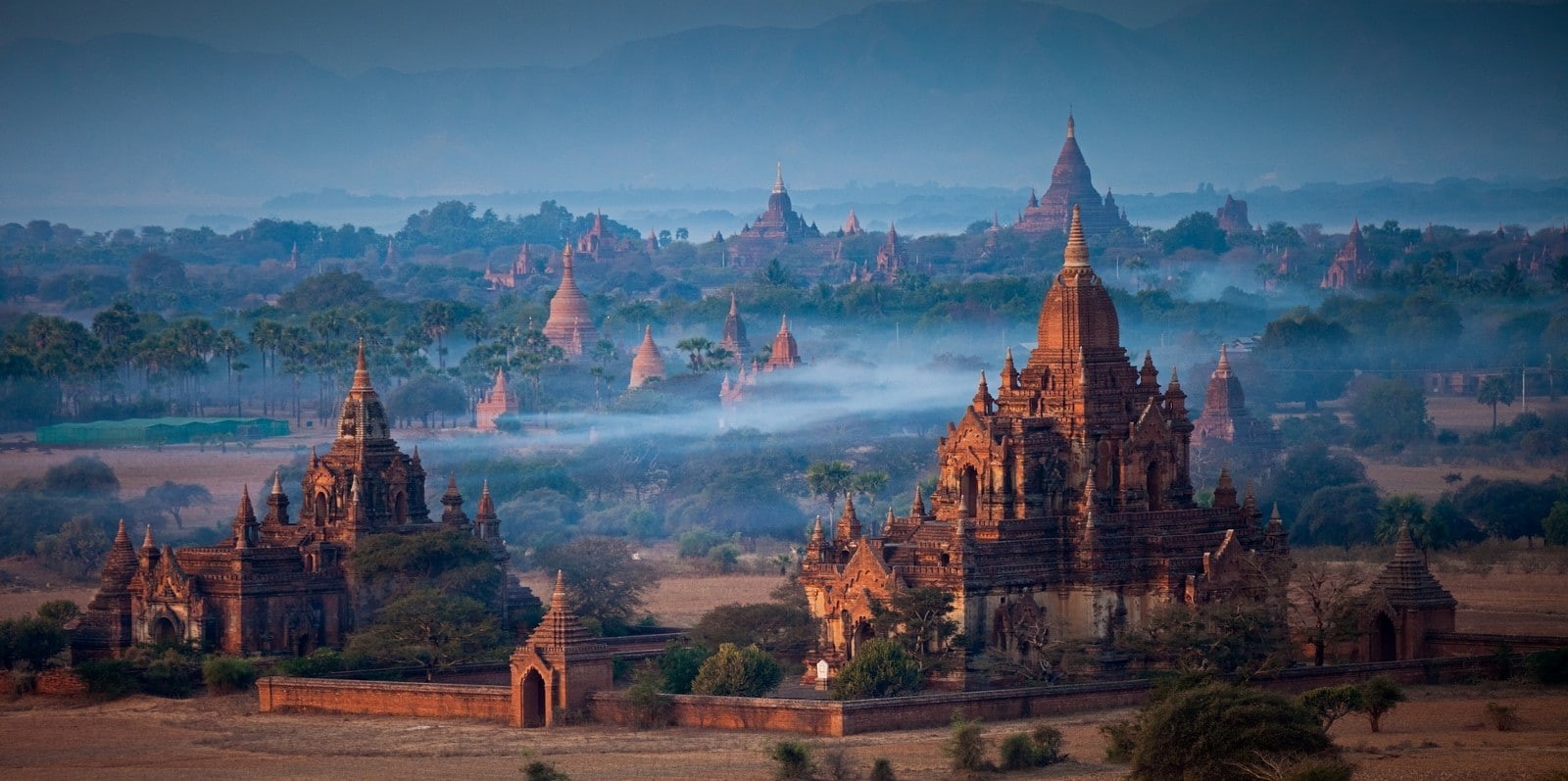 nature, landscape, panoramas, Buddhism, mist, morning, trees, 720P, Asian architecture, temple, HD Wallpaper