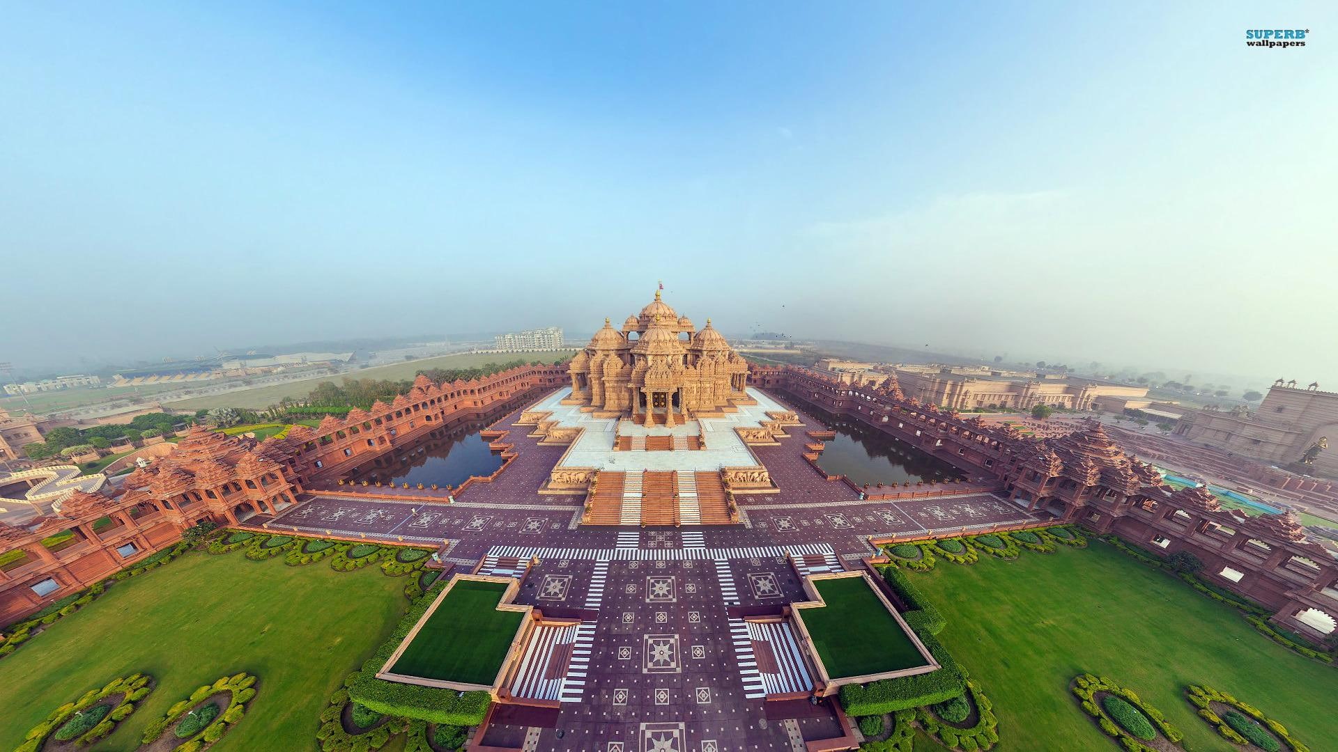 city, india, gardens, temple, ponds, nature and landscapes, 1080P, akshardham, delhi, awesome, HD Wallpaper