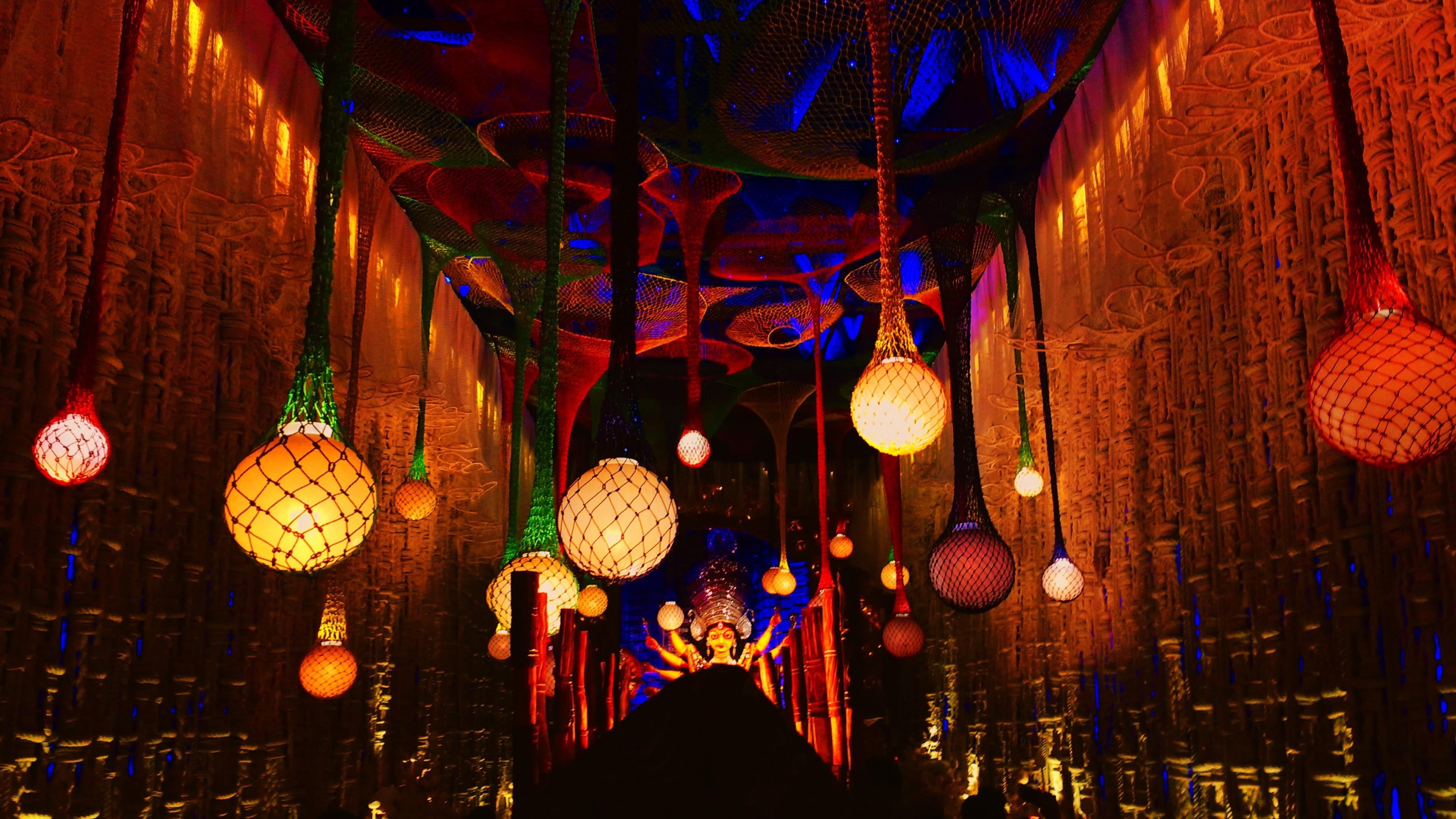 durga, paper lantern, multi colored, chinese new year, chinese lantern, holiday, lantern, colour, light, low angle view, india, electricity, event, festival, HD Wallpaper
