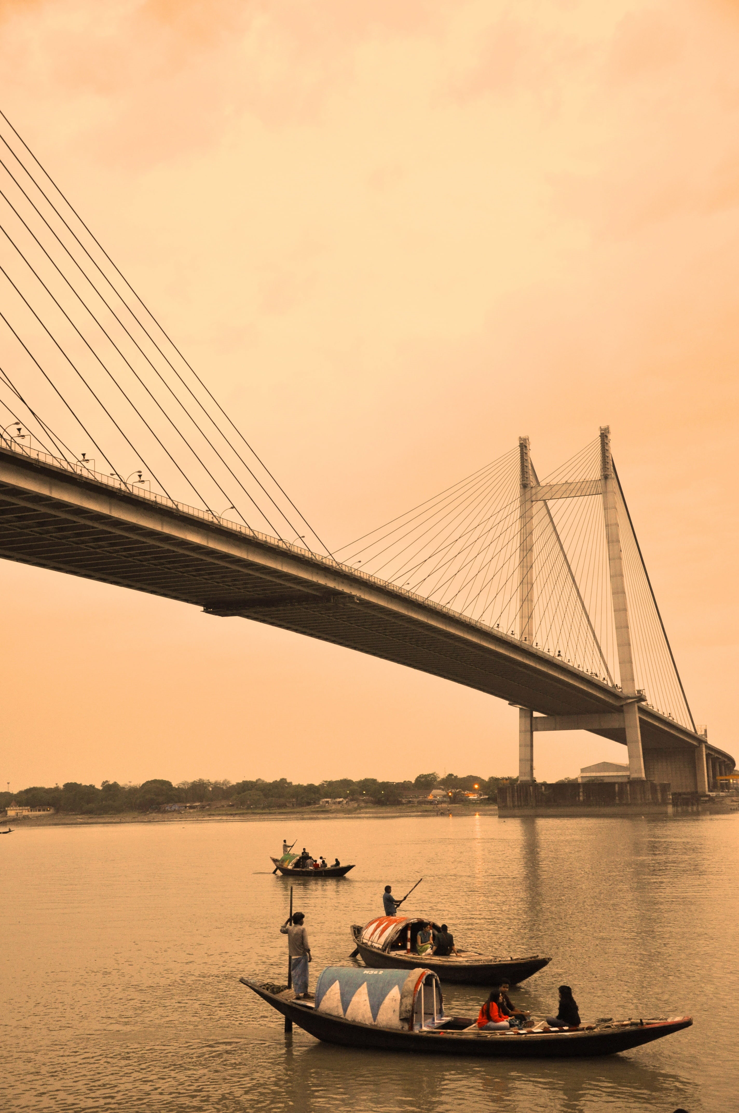 kolkata, connection, sky, nature, architecture, transportation, travel, suspension bridge, water, outdoors, bridge, sunset, nautical vessel, 4K, cable-stayed bridge, Phone HD Wallpaper