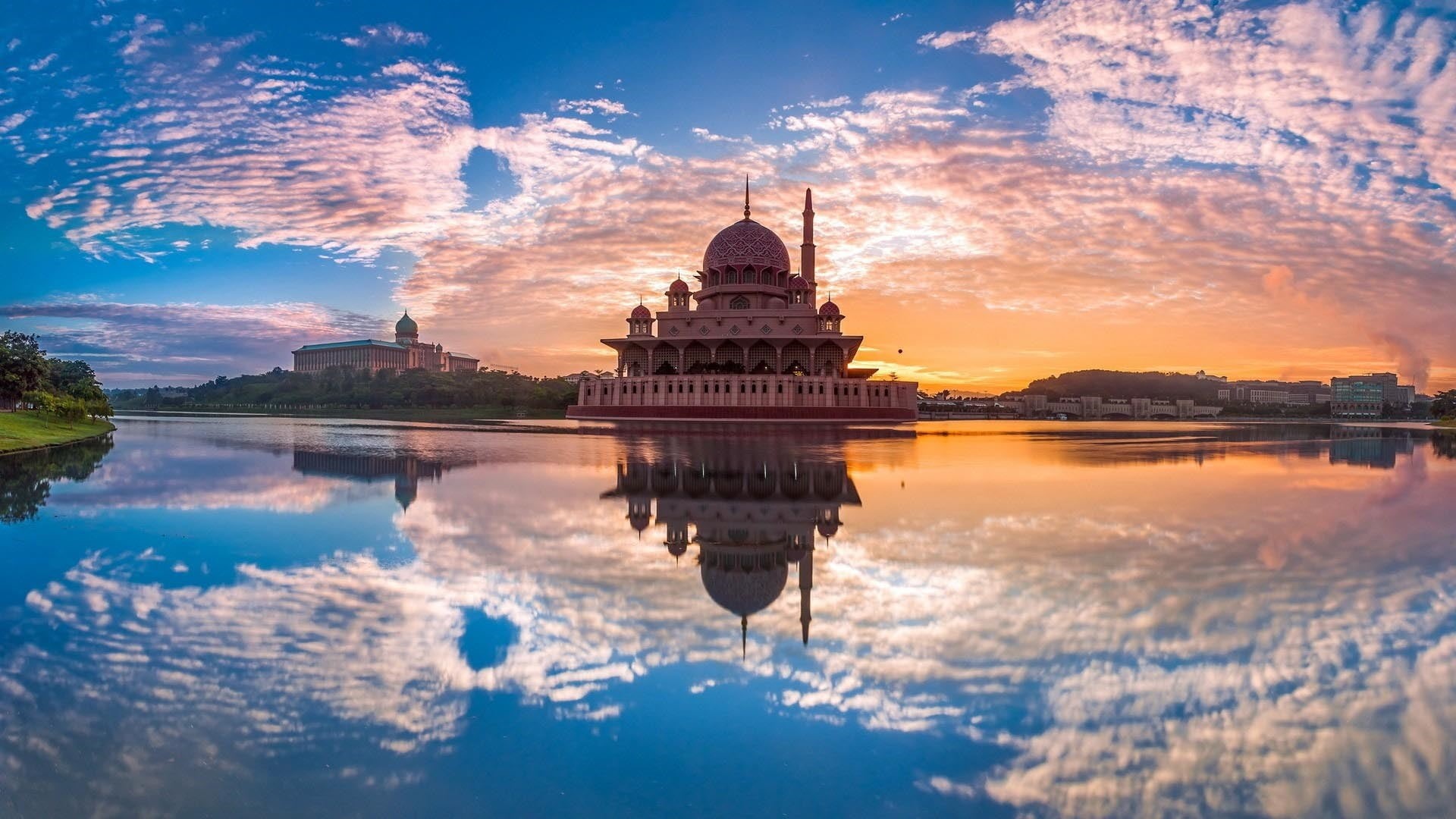 sunrise, sunset, water, built structure, travel destinations, pink mosque, outdoors, historic site, reflected, sky, dawn, tourist attraction, history, the past, HD Wallpaper