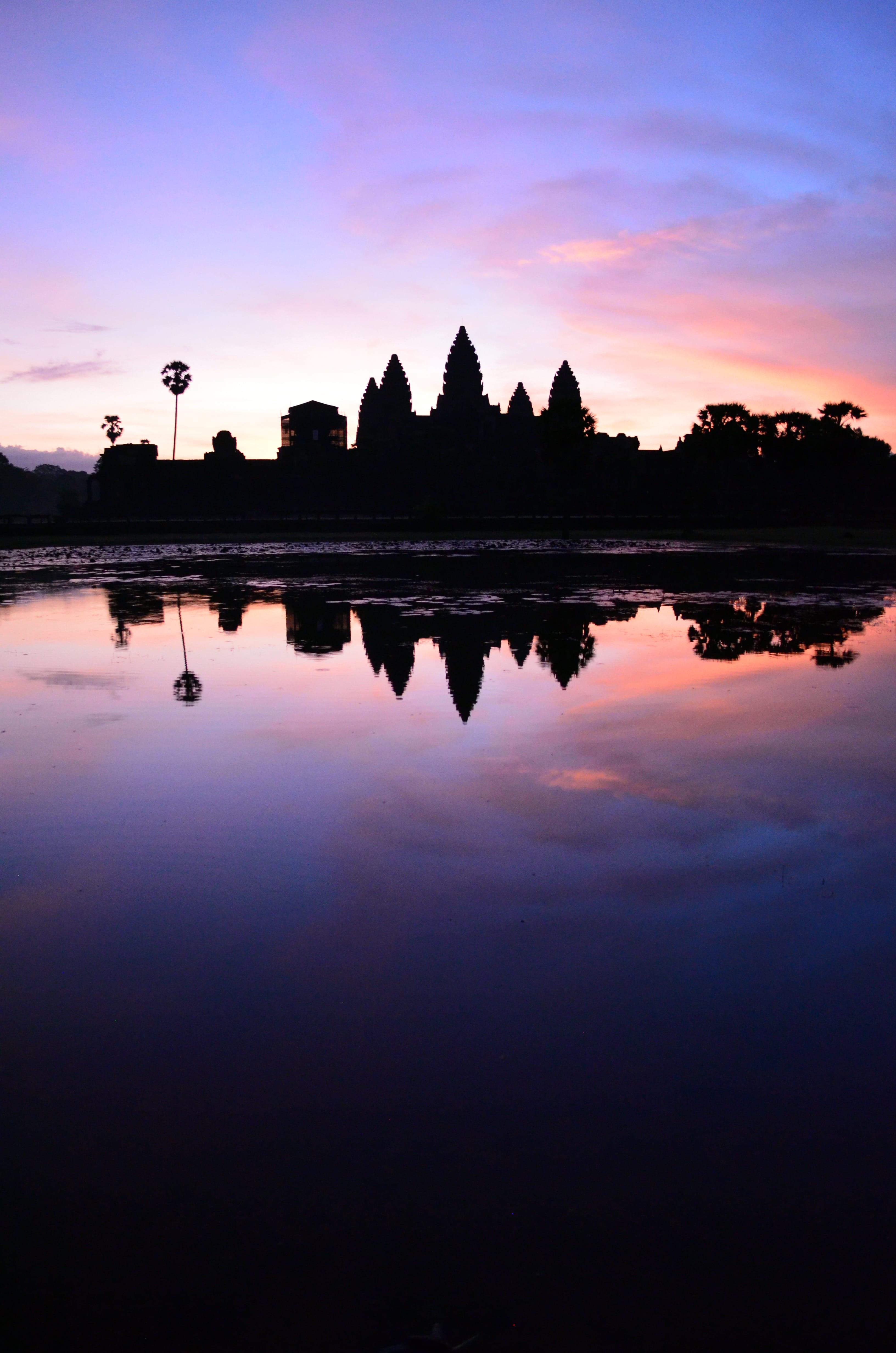 sky, reflection, cloud - sky, water, scenics - nature, rock, gradient, temple, krong siem reap, outdoors, tranquil scene, purple, tree, built structure, Phone HD Wallpaper