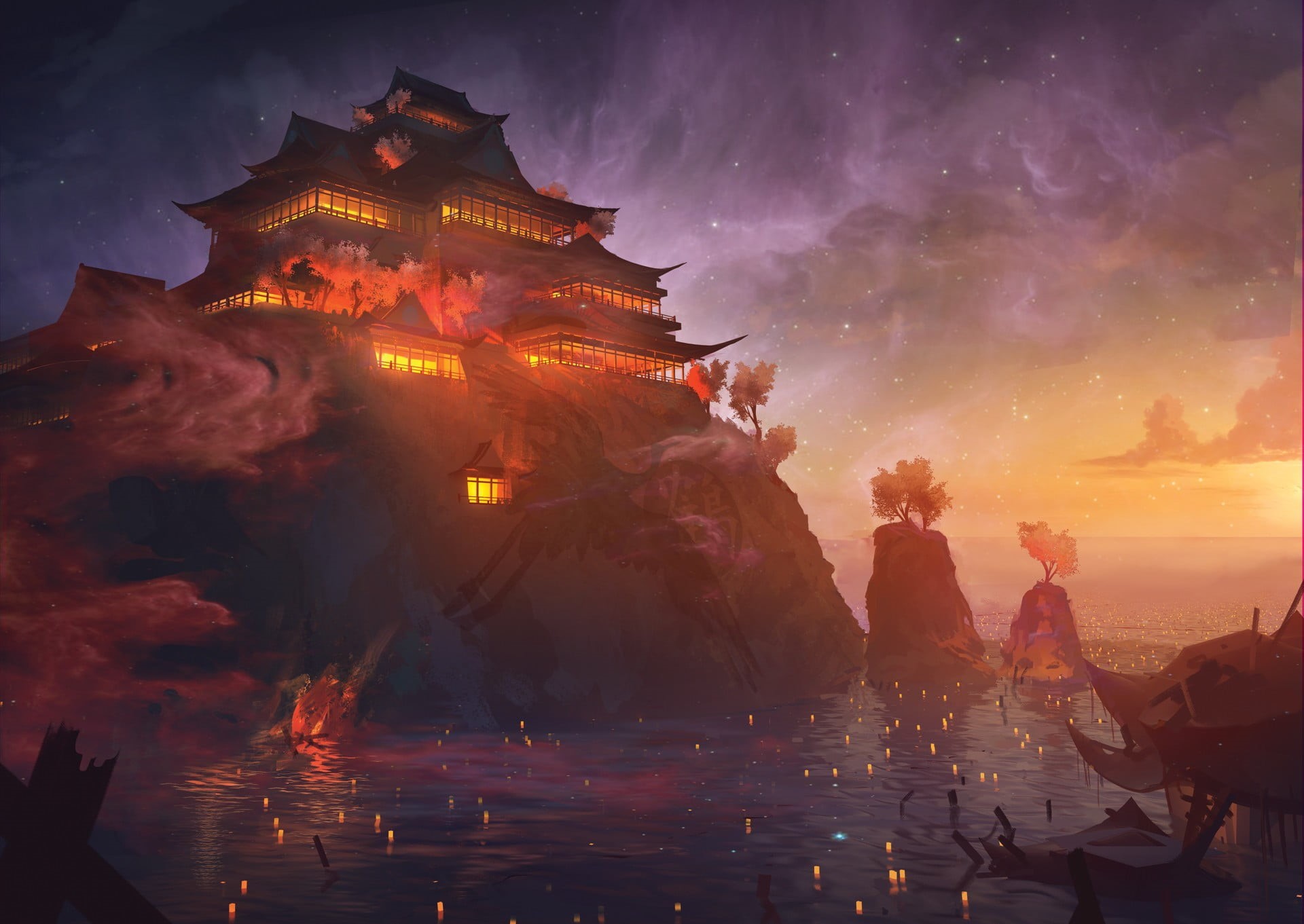 digital, architecture, water, built structure, cloud - sky, temple, sky, building exterior, group of people, religion, candles, night, spirituality, HD Wallpaper