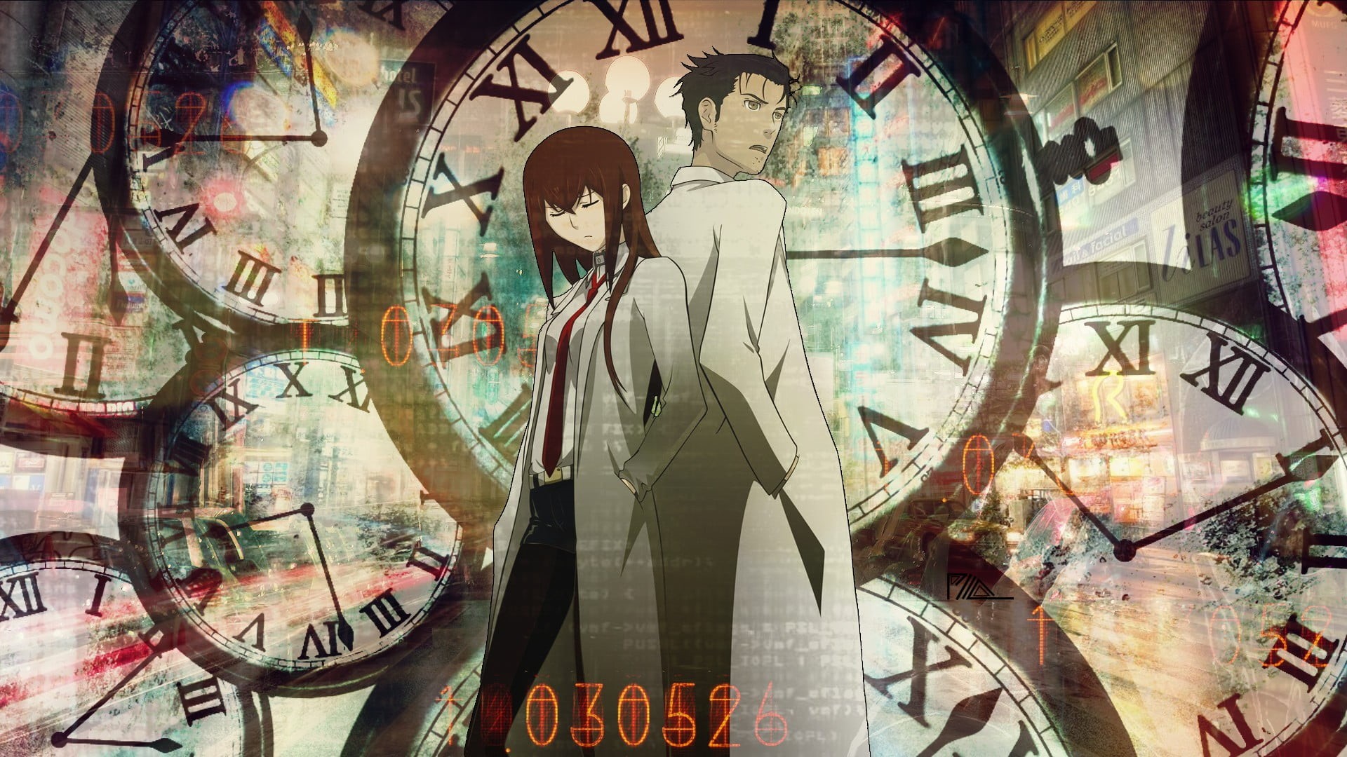 minute hand, reflection, creativity, clock, multiple exposure, Okabe Rintarou, number, day, graffiti, clock face, building exterior, city, Makise Kurisu, HD Wallpaper