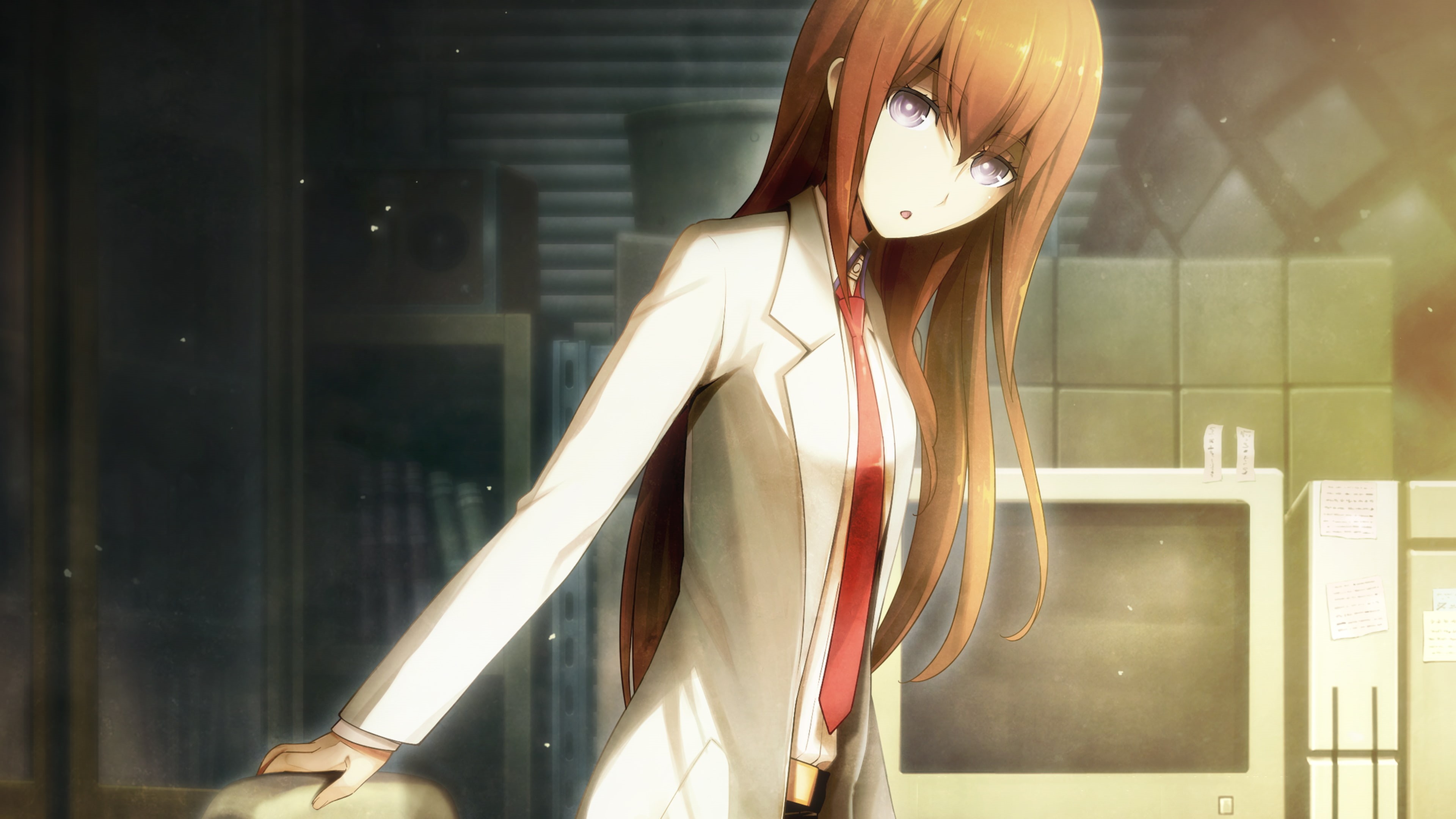 beauty, Steins;Gate, leisure activity, beautiful woman, standing, hairstyle, women, adult, anime, fashion, lifestyles, young women, red tie, purple eyes, HD Wallpaper