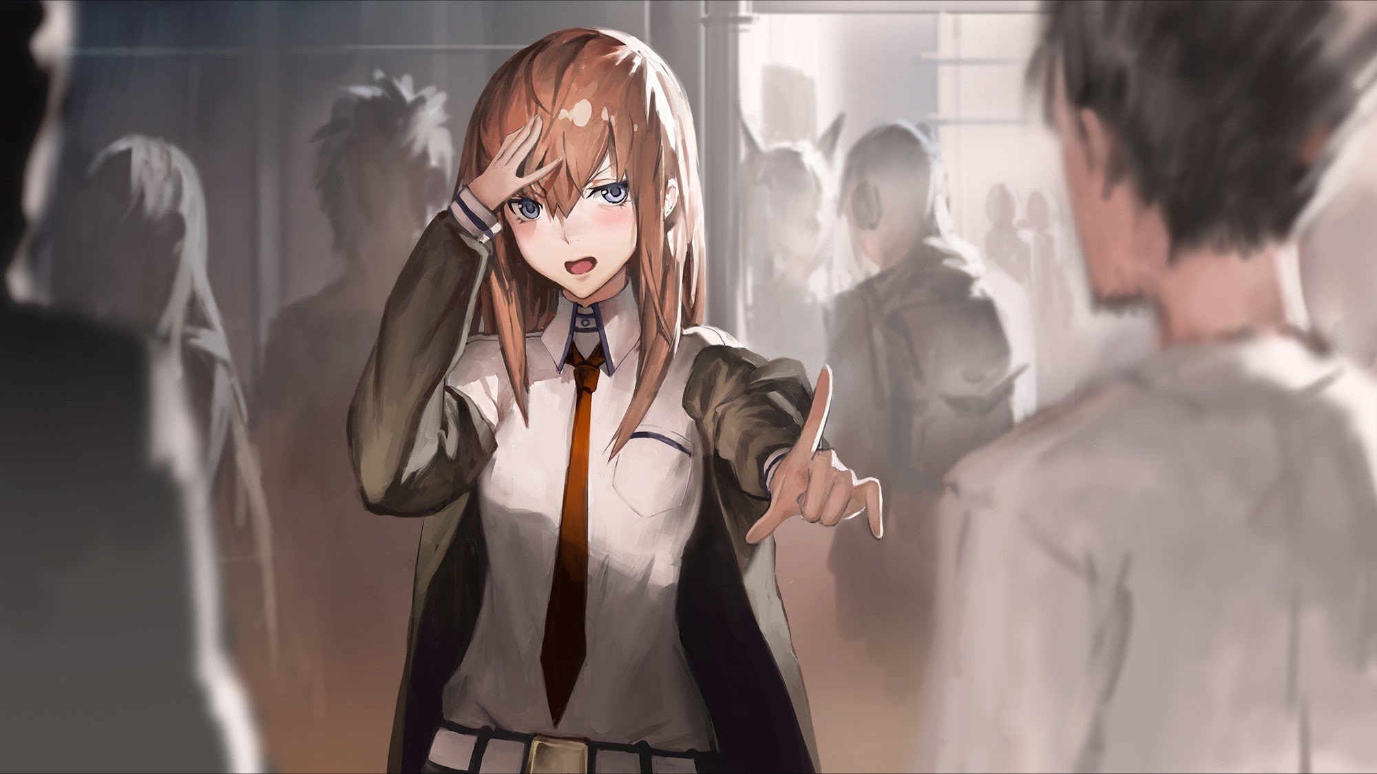 tie, anime, hands on head, 1080P, manga, anime girls, Makise Kurisu, Steins;Gate, HD Wallpaper