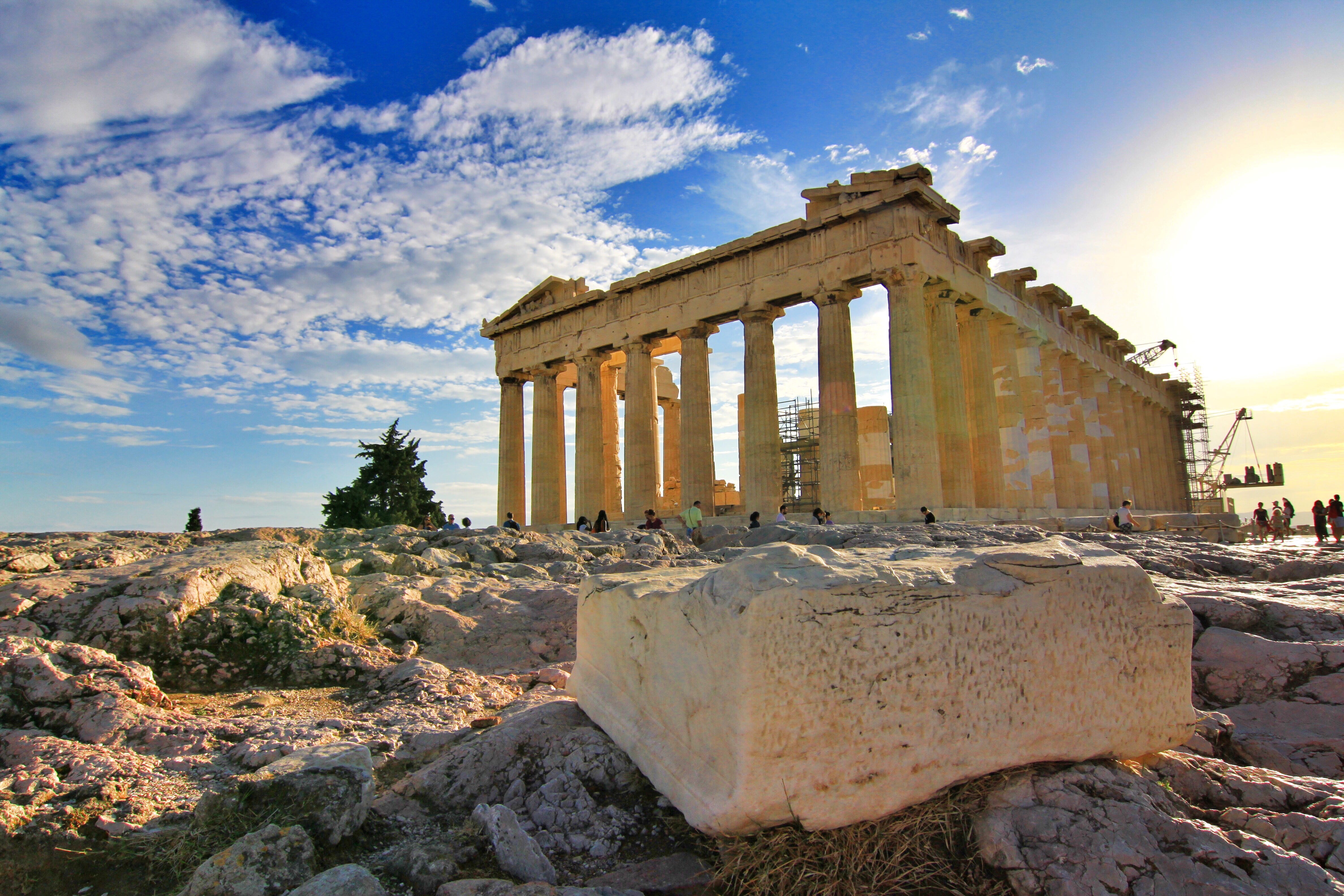 sky, rock, landmark, ruined, honeymoon, architecture, blue sky, landscape, ancient civilization, greece, destination, athena, no people, temple, 4K, history, HD Wallpaper