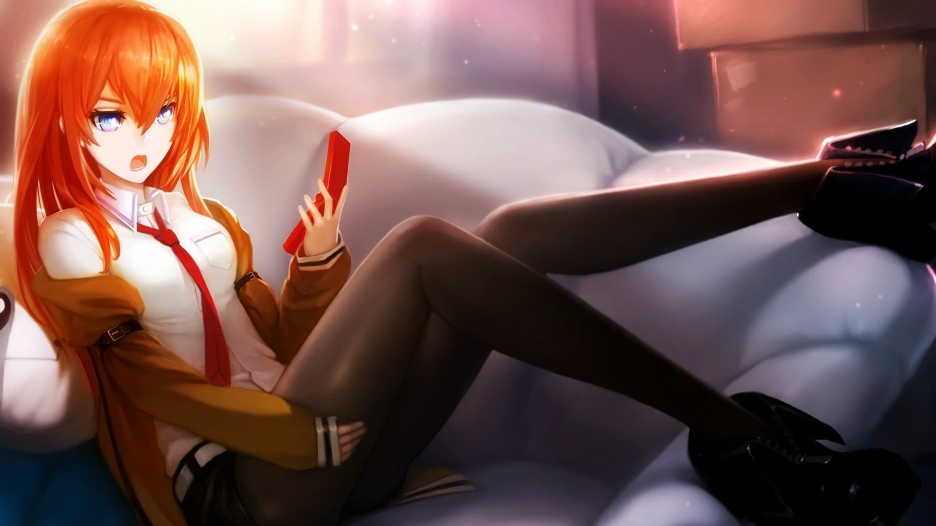 anime girls, young adult, women, lifestyles, three quarter length, real people, beauty, young women, 1080P, dyed red hair, sitting, adult, beautiful woman, HD Wallpaper