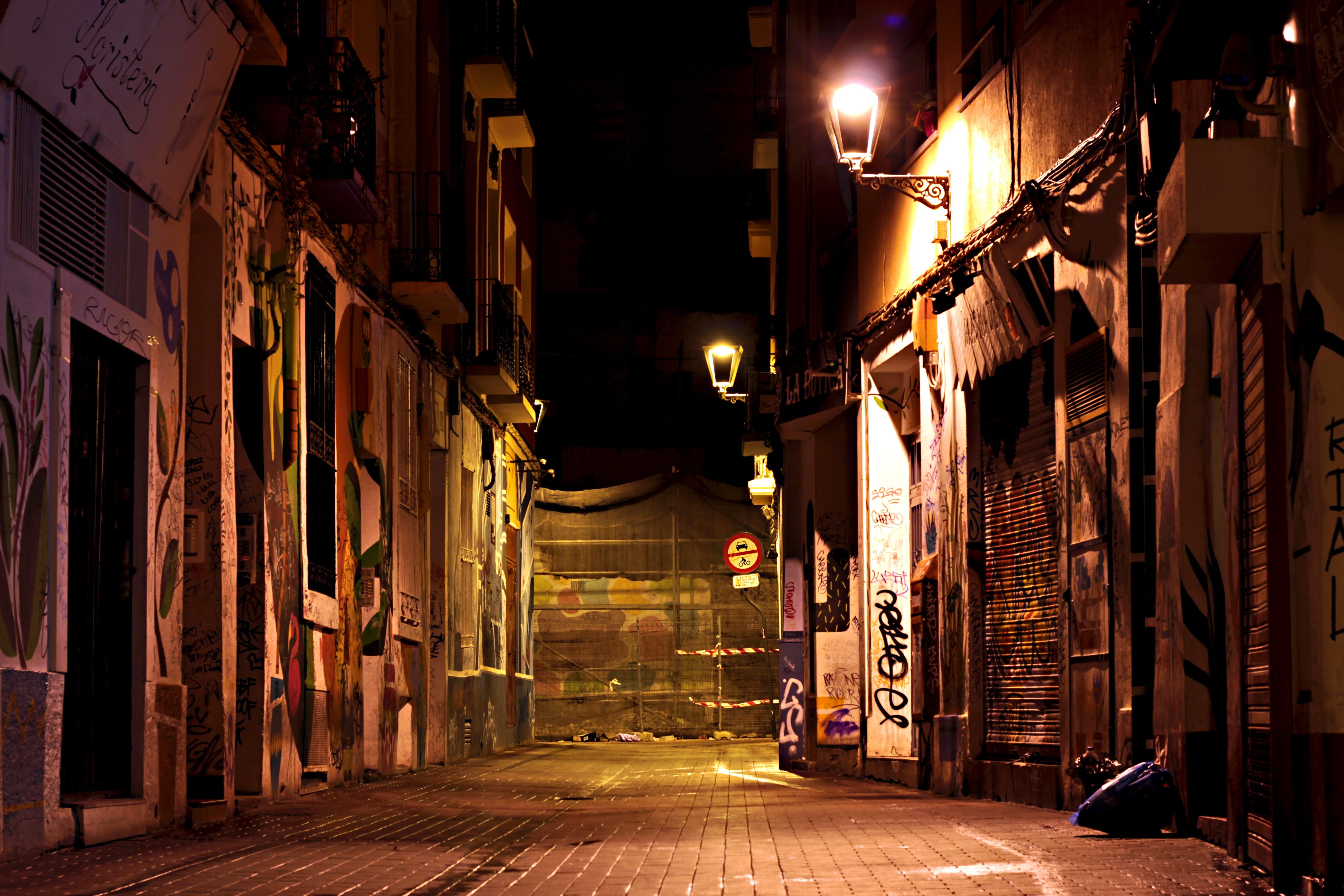 dark, old, brown, alley, trash, lights, abandoned, construction, historic buildings, people, the way forward, streetlights, residential district, urban, HD Wallpaper
