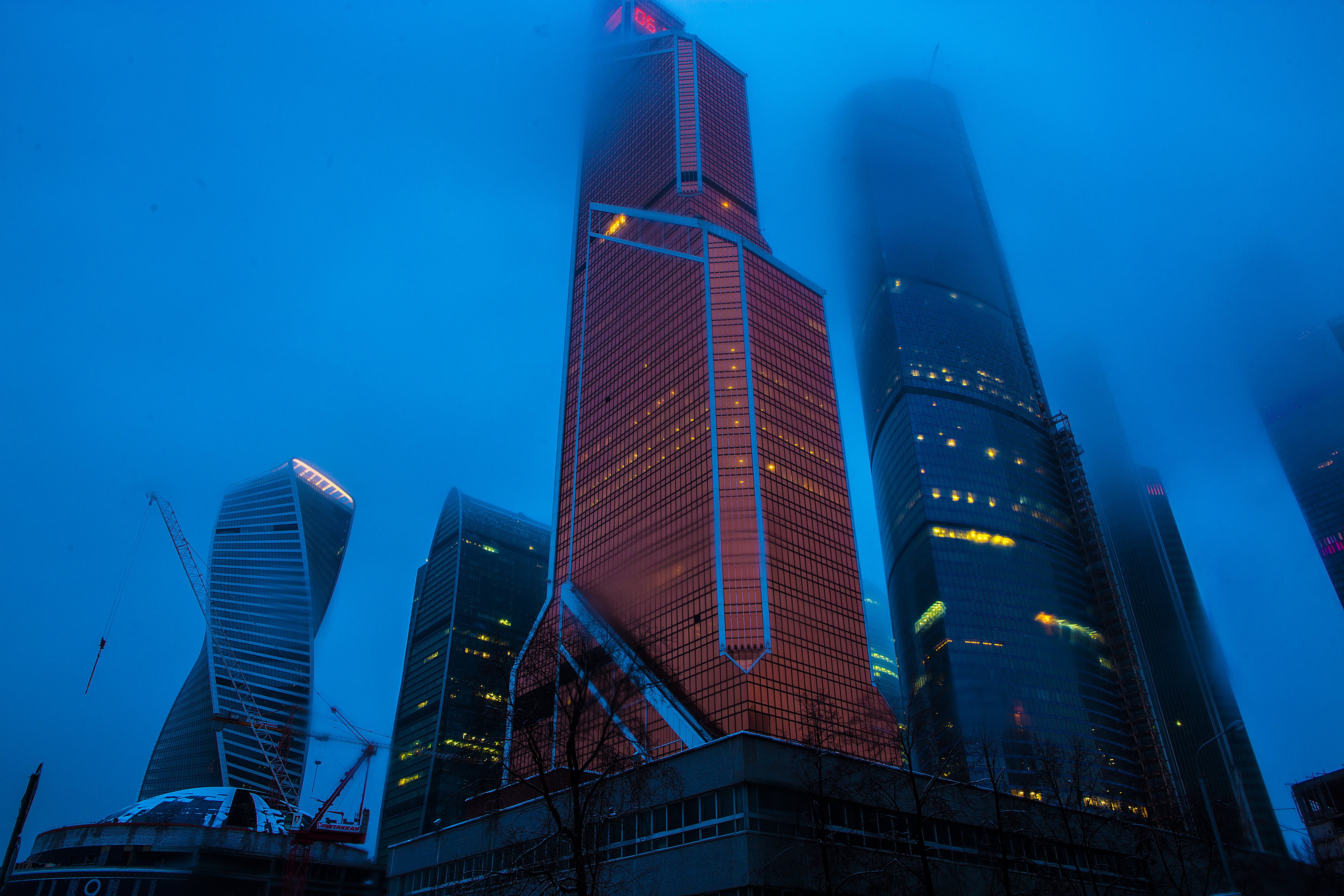 siberia, built Structure, christmas, office, business centre, multistory building, cold, landscape, frozen, building, sky, russia, 5K, downtown District, HD Wallpaper