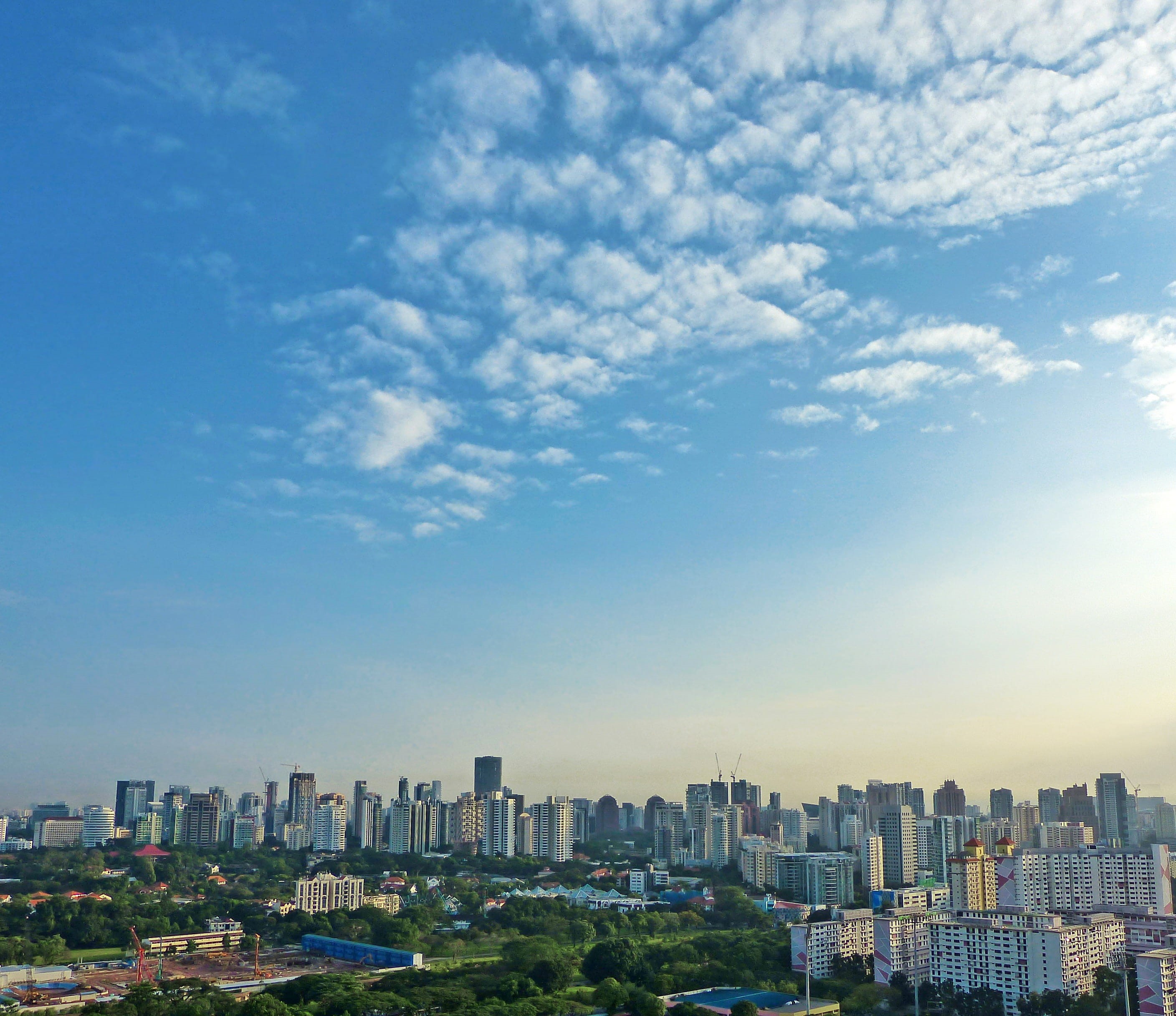 building exterior, blue sky, skyscraper, sky, blue, clouds, nature, city, city life, urban skyline, no people, buildings, high rise, landscape, built structure, HD Wallpaper