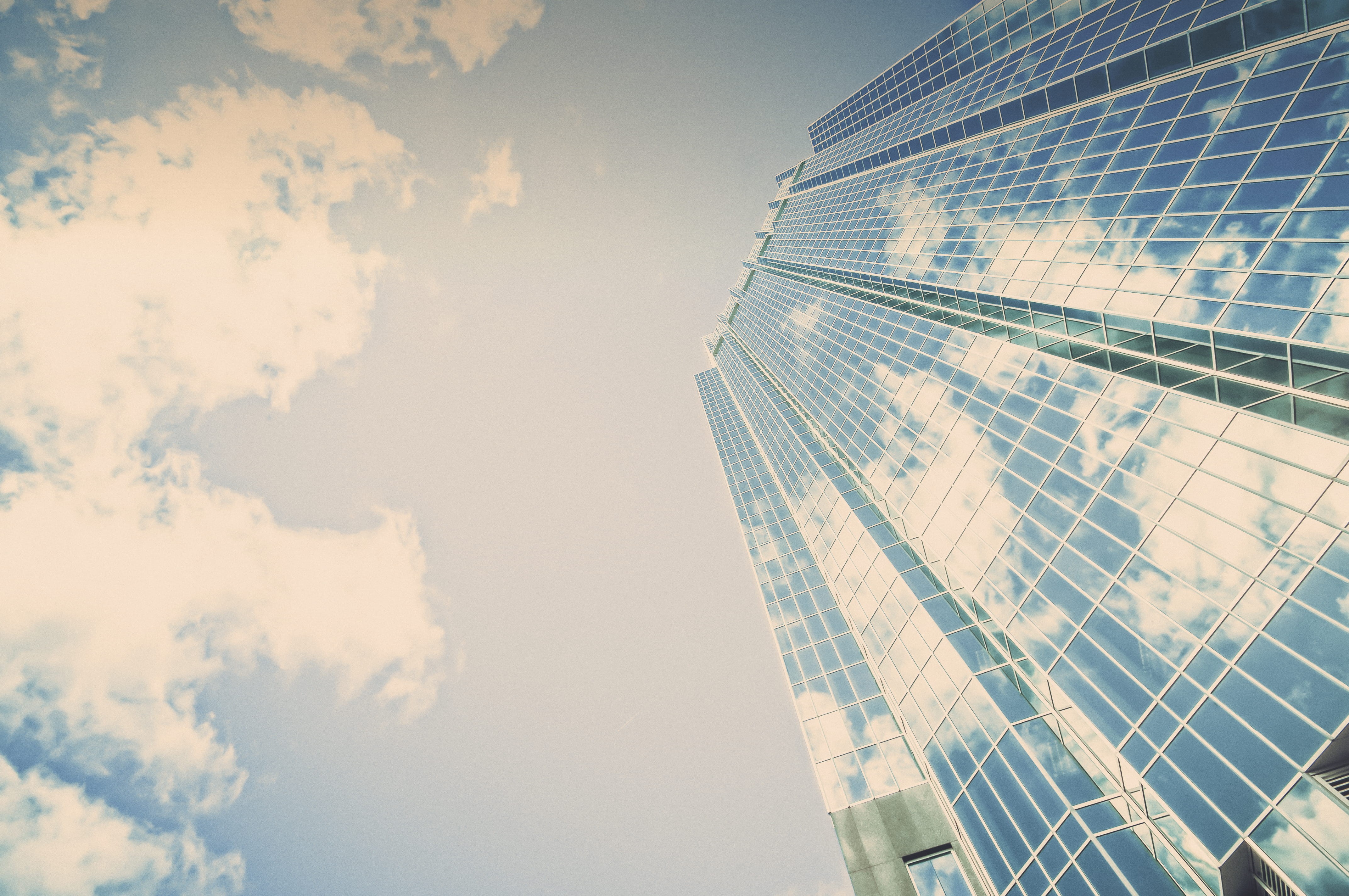 low, outdoors, sunlight, modern, corporate business, clear, skyscraper, nature, glass, city life, low angle, directly below, photography, cloud, rise, cloudy, HD Wallpaper