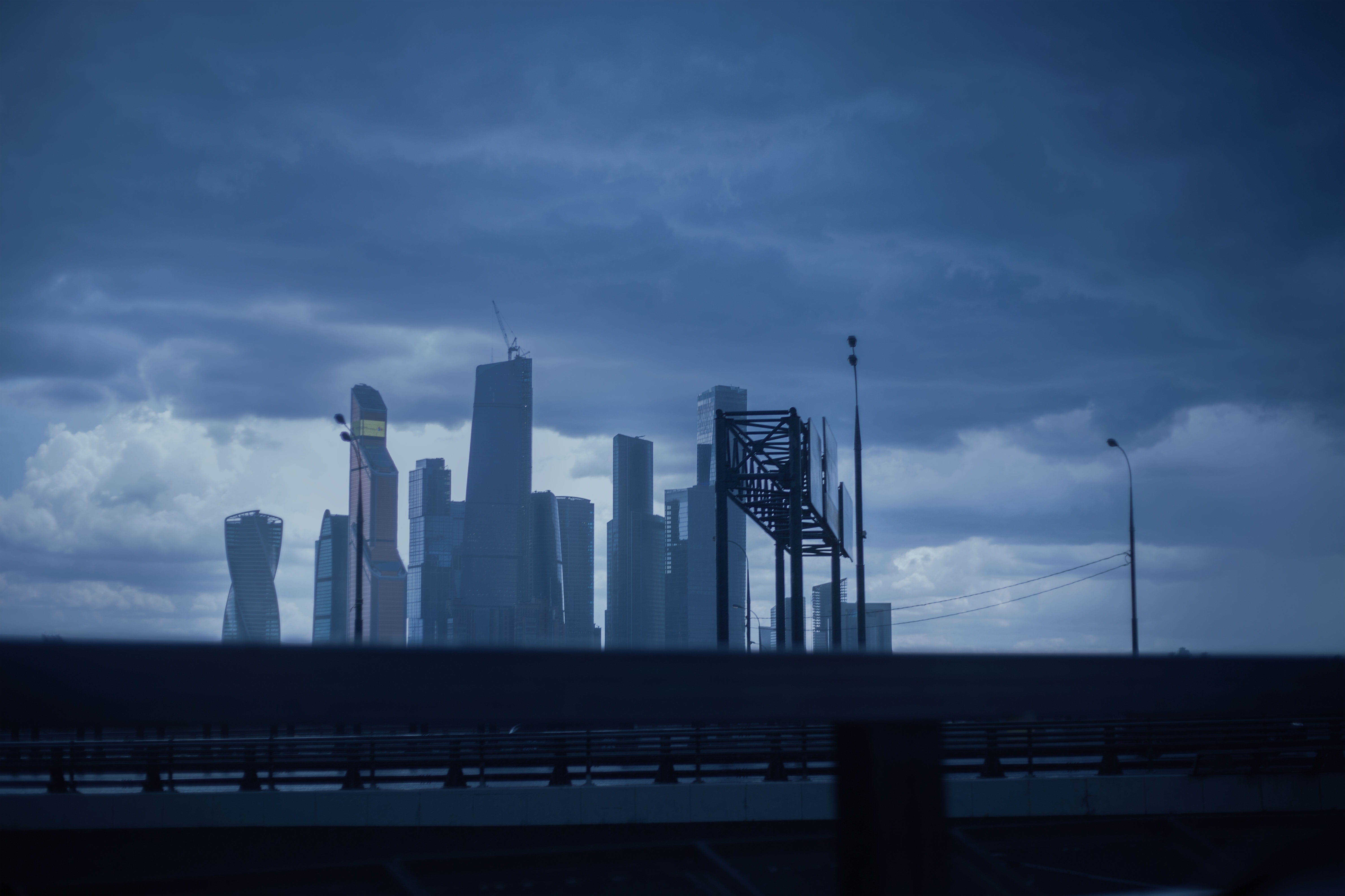 cloud - sky, industry, nature, sky, dusk, daytime, blue, night city, night, wall, outdoors, moscow city, night moscow, business centre, cityscape, skyscraper, HD Wallpaper