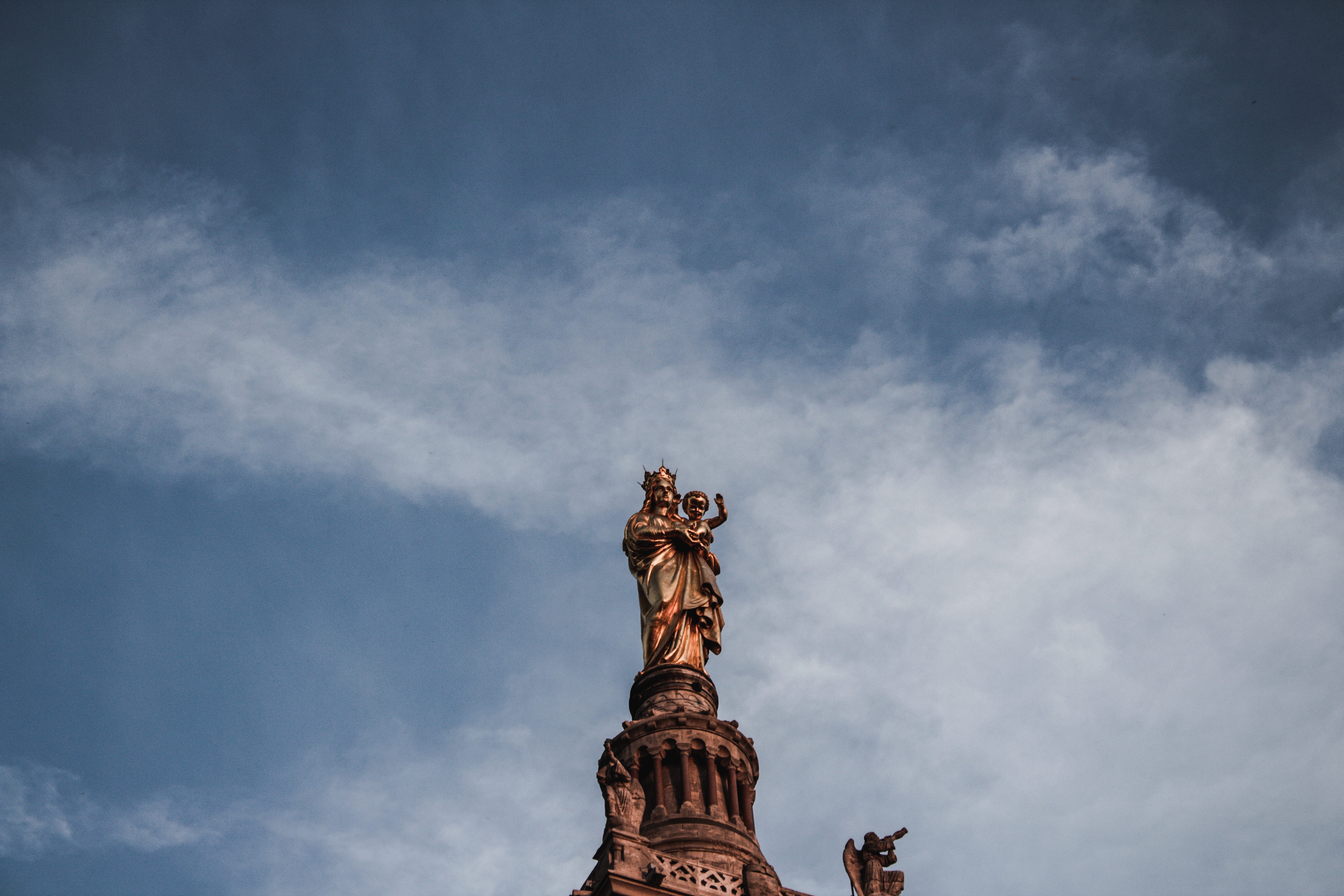 day, sky, female likeness, travel destinations, low angle view, blue, spirituality, marseille, cloud - sky, representation, france, pillar, history, basilique notre dame de la garde, HD Wallpaper