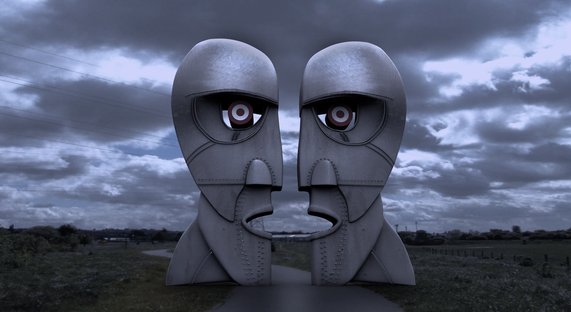 road, 1080P, close-up, Evening, overcast, Metal, plant, day, field, artwork, Symmetry, landscape, clouds, environment, no people, Pink Floyd, dusk, land, HD Wallpaper