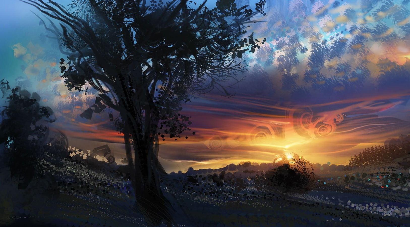 tropical climate, artwork, digital art, cloud - sky, beauty in nature, 720P, tranquil scene, tranquility, land, sky, photo, tree, water, night, plant, HD Wallpaper