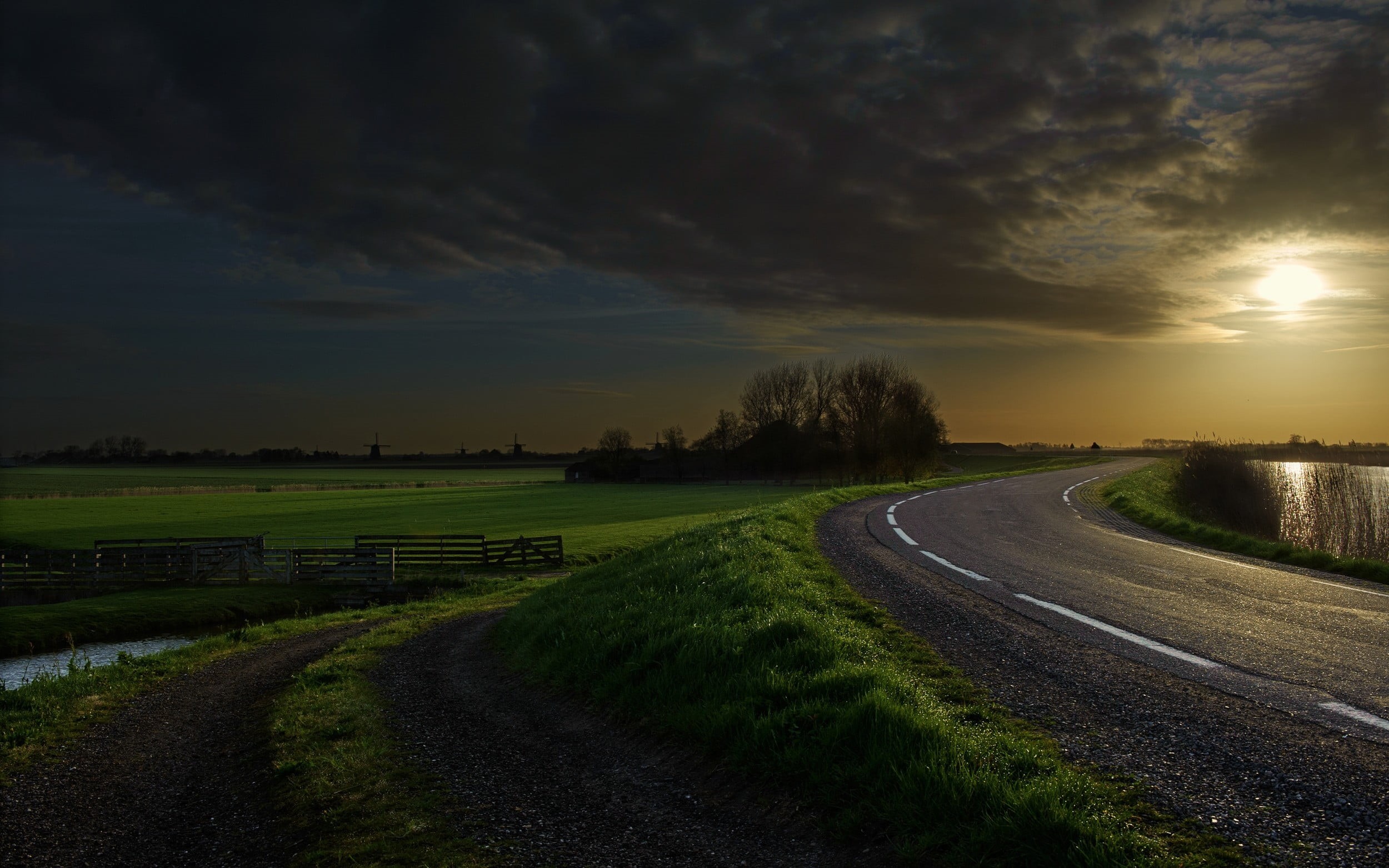 tree, transportation, 1080P, outdoors, sky, grass, the way forward, plant, no people, shrubs, canal, tranquility, clouds, rural scene, landscape, beauty in nature, HD Wallpaper