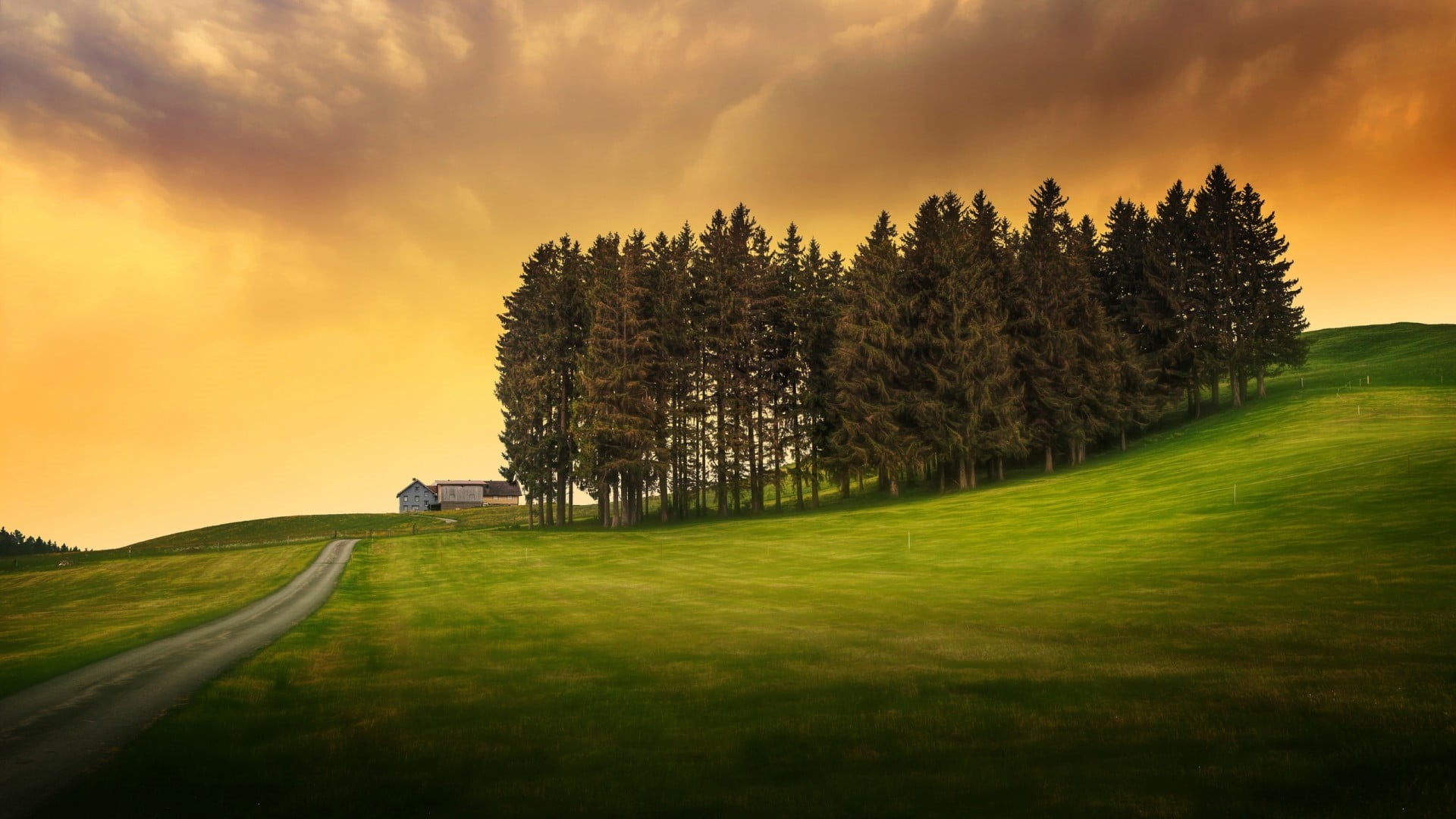 idyllic, nature, lawn, beauty in nature, non-urban scene, house, environment, sunset, hills, no people, grass, clouds, outdoors, tranquility, green color, HD Wallpaper