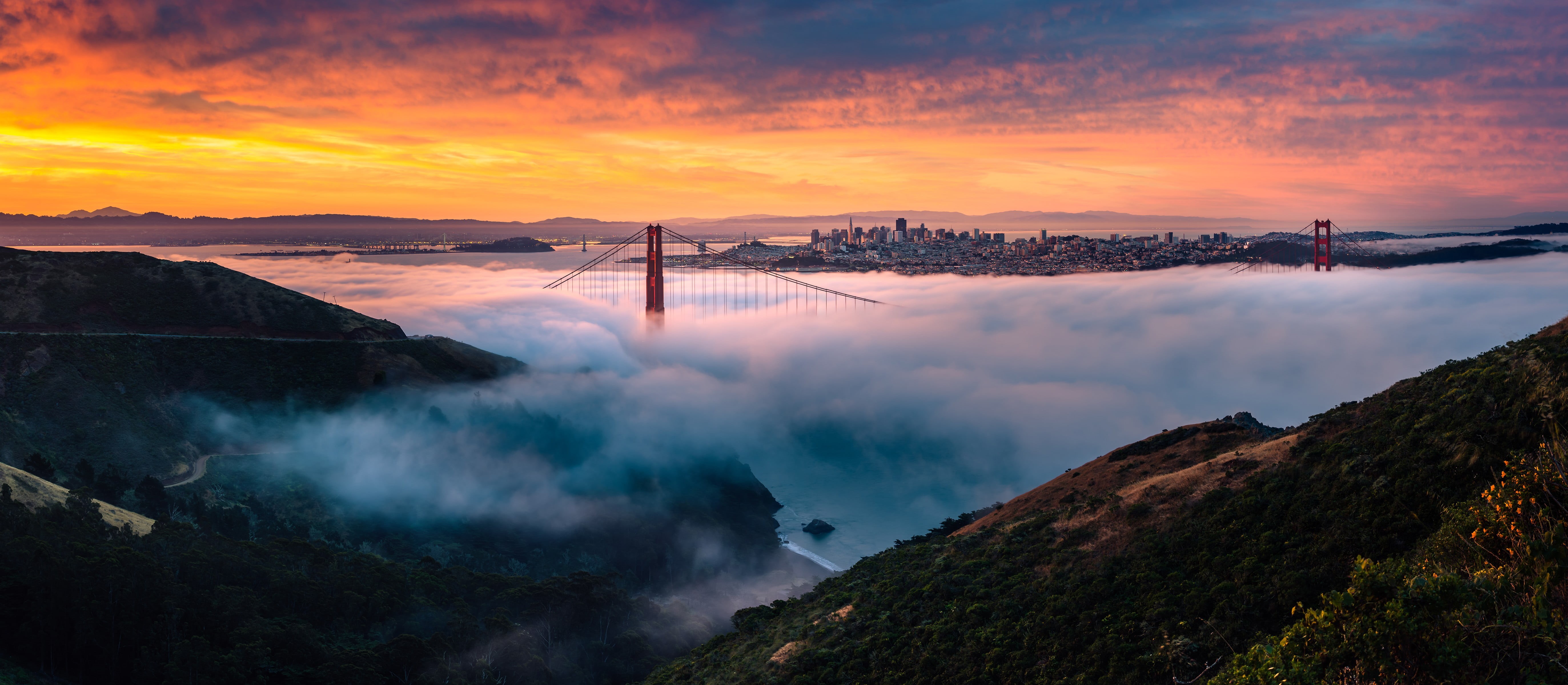 body, travel, San Francisco, cloud - sky, USA, bridge, 5K, land, environment, boat, white, twilight, blue, nature, fog, beauty in nature, tourism, sun, HD Wallpaper