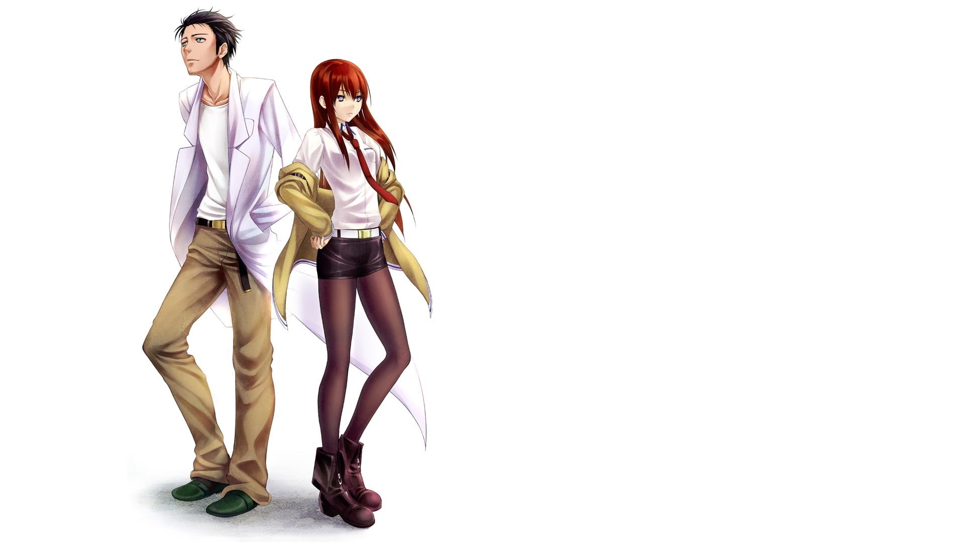 Okabe Rintarou, copy space, standing, young adult, cut out, full length, Makise Kurisu, hairstyle, shoe, women, indoors, people, 1080P, togetherness, studio shot, HD Wallpaper