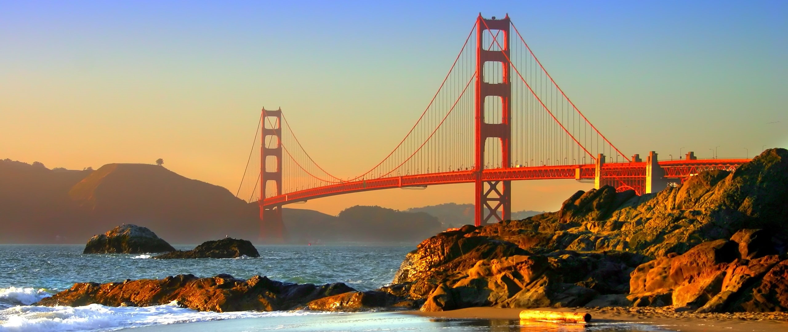 water, bay, outdoors, built structure, rock, 2K, connection, rock - object, Golden Gate Bridge, San Francisco, sky, travel destinations, transportation, HD Wallpaper