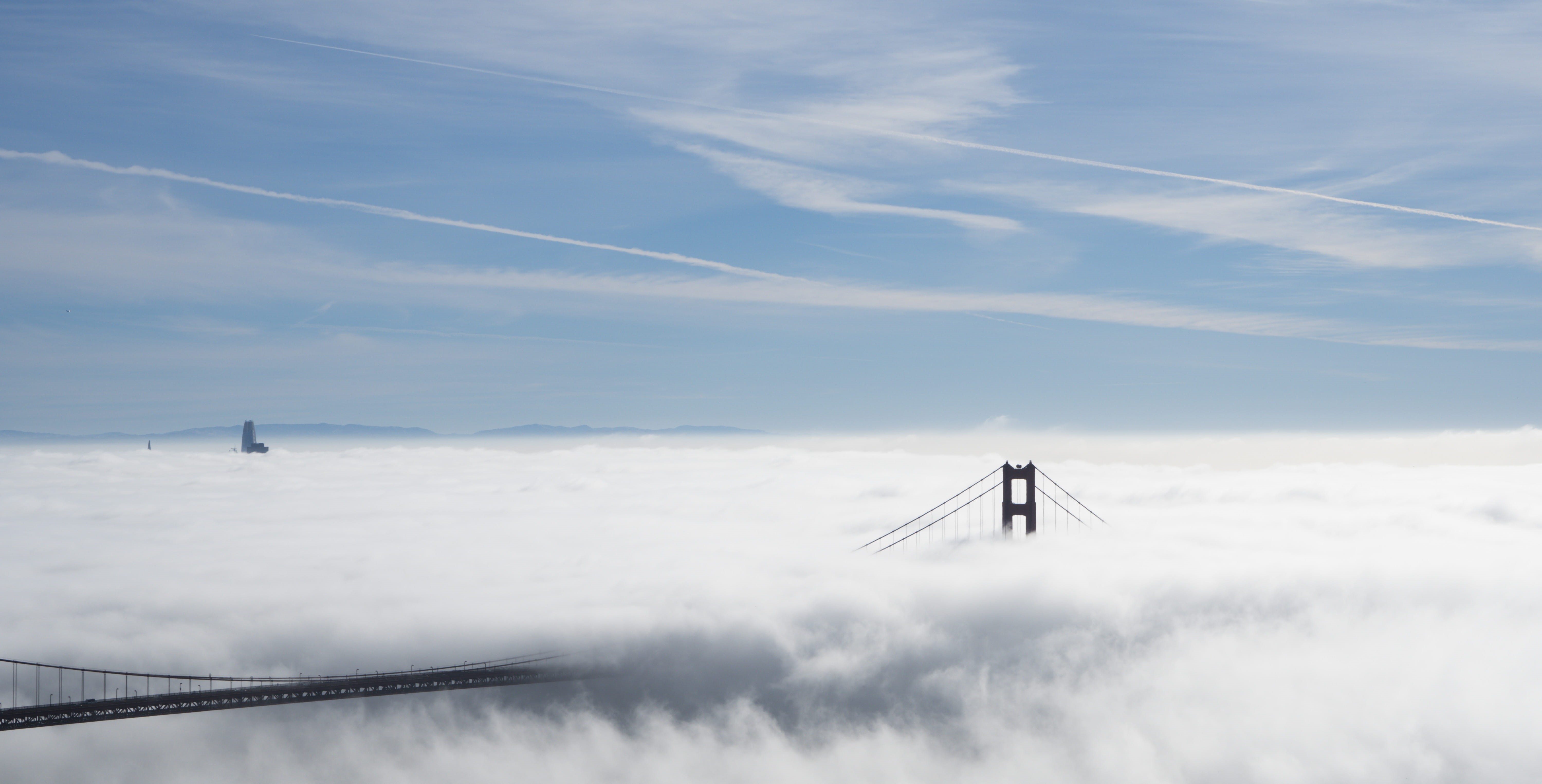 golden gate bridge, bridge, tranquility, 5K, scenics - nature, low angle view, no people, clouds, fog, united states, lifestyles, tranquil scene, tower, HD Wallpaper