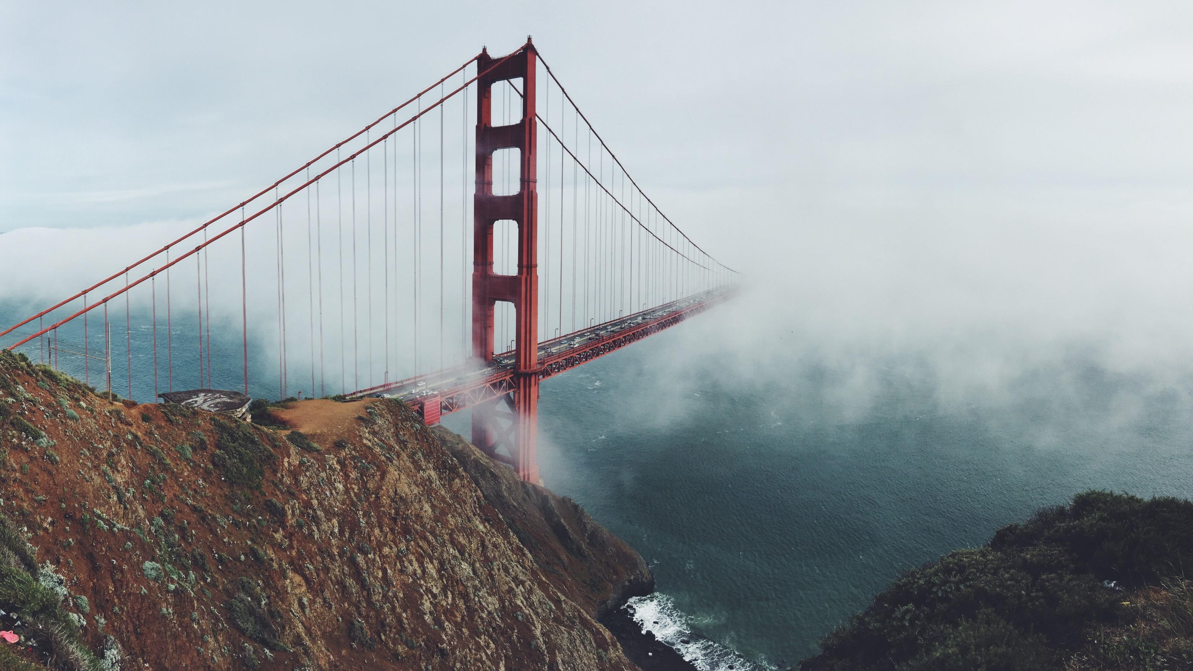 bay area, smoke, rocks, blue, 4K, golden gate bridge, golden gate, clouds, bridge, mountain, water, san francisco, united states, red, usa, HD Wallpaper
