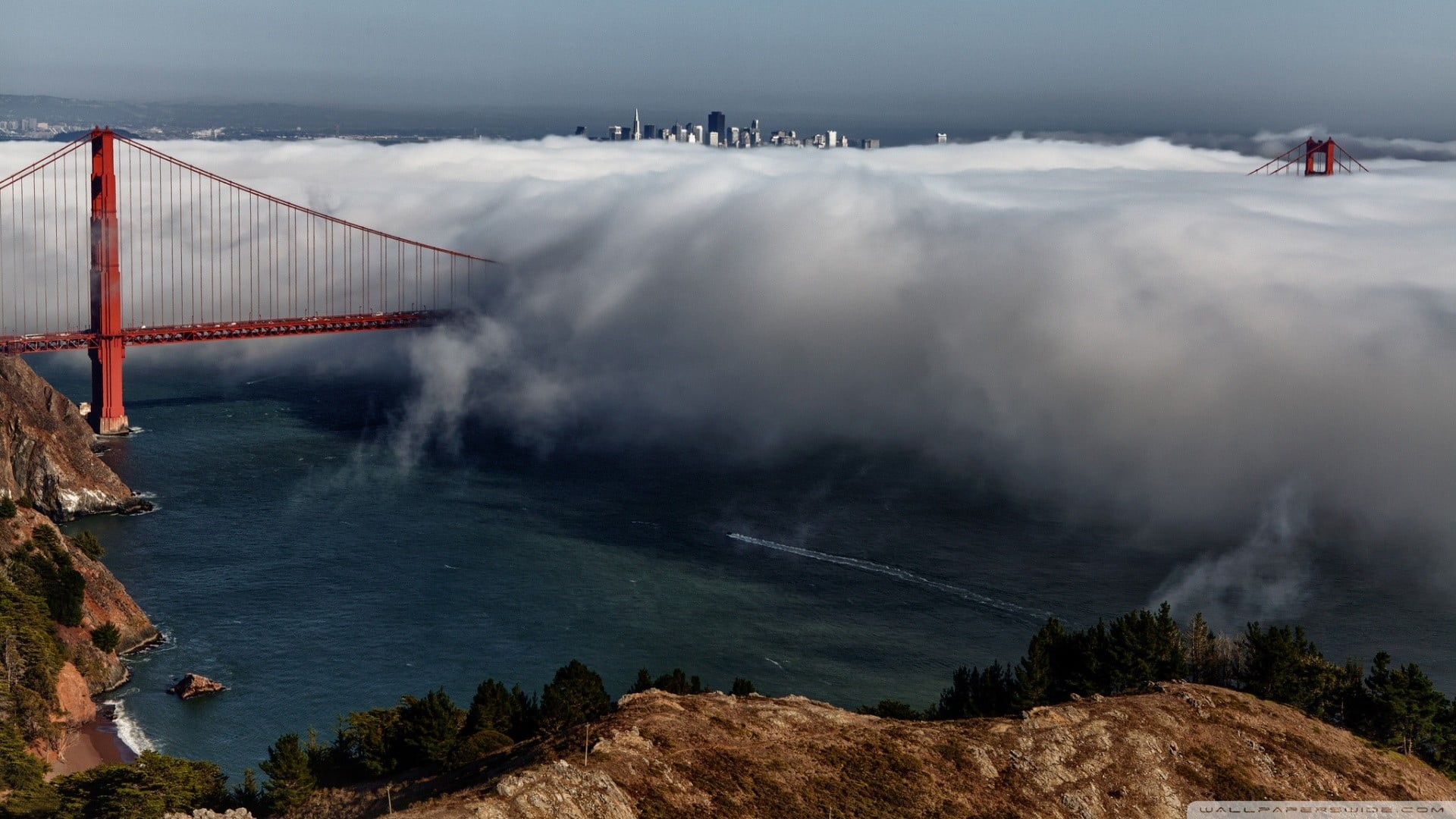 environment, sky, USA, beauty in nature, nature, San Francisco, fog, travel, city, 1080P, mist, built structure, mountain, Golden Gate Bridge, scenics - nature, HD Wallpaper