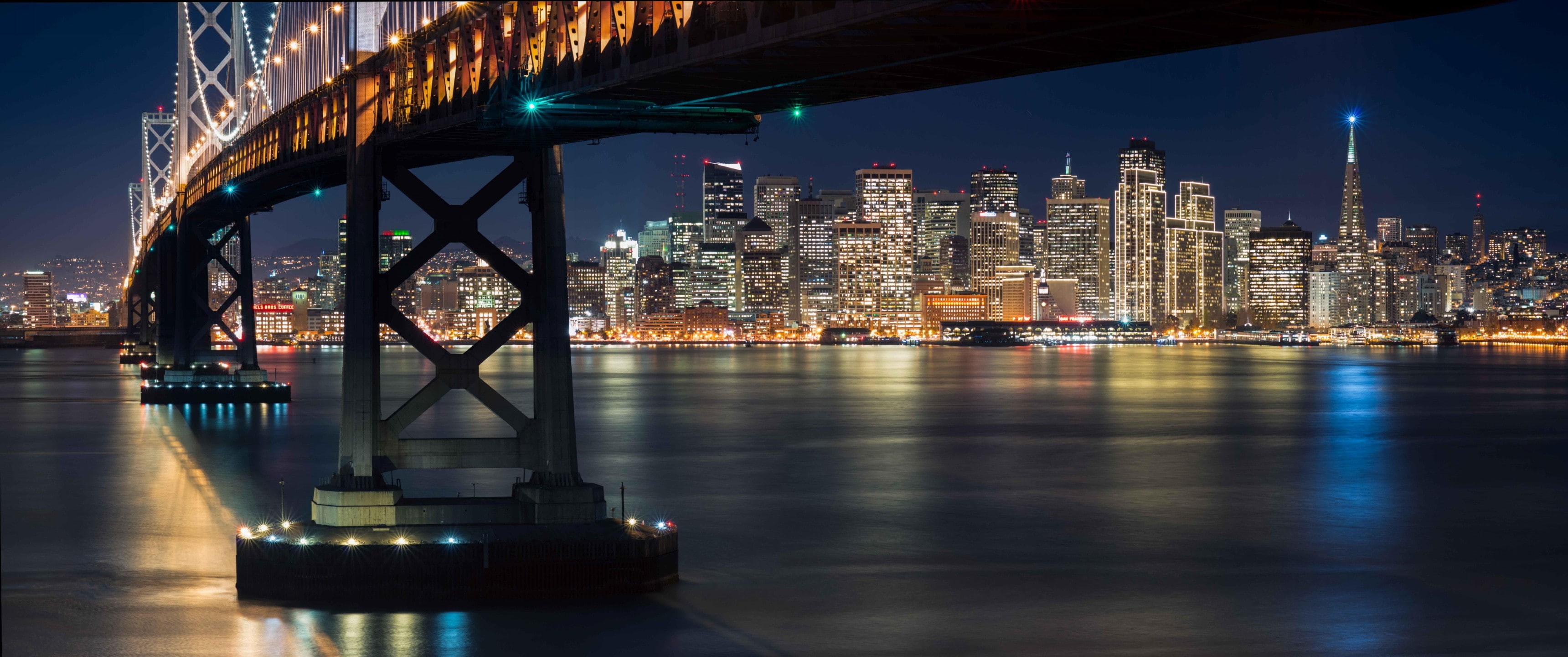 bridge, reflection, landscape, transportation, skyscraper, illuminated, water, urban skyline, 2K, sky, connection, architecture, travel destinations, modern, HD Wallpaper