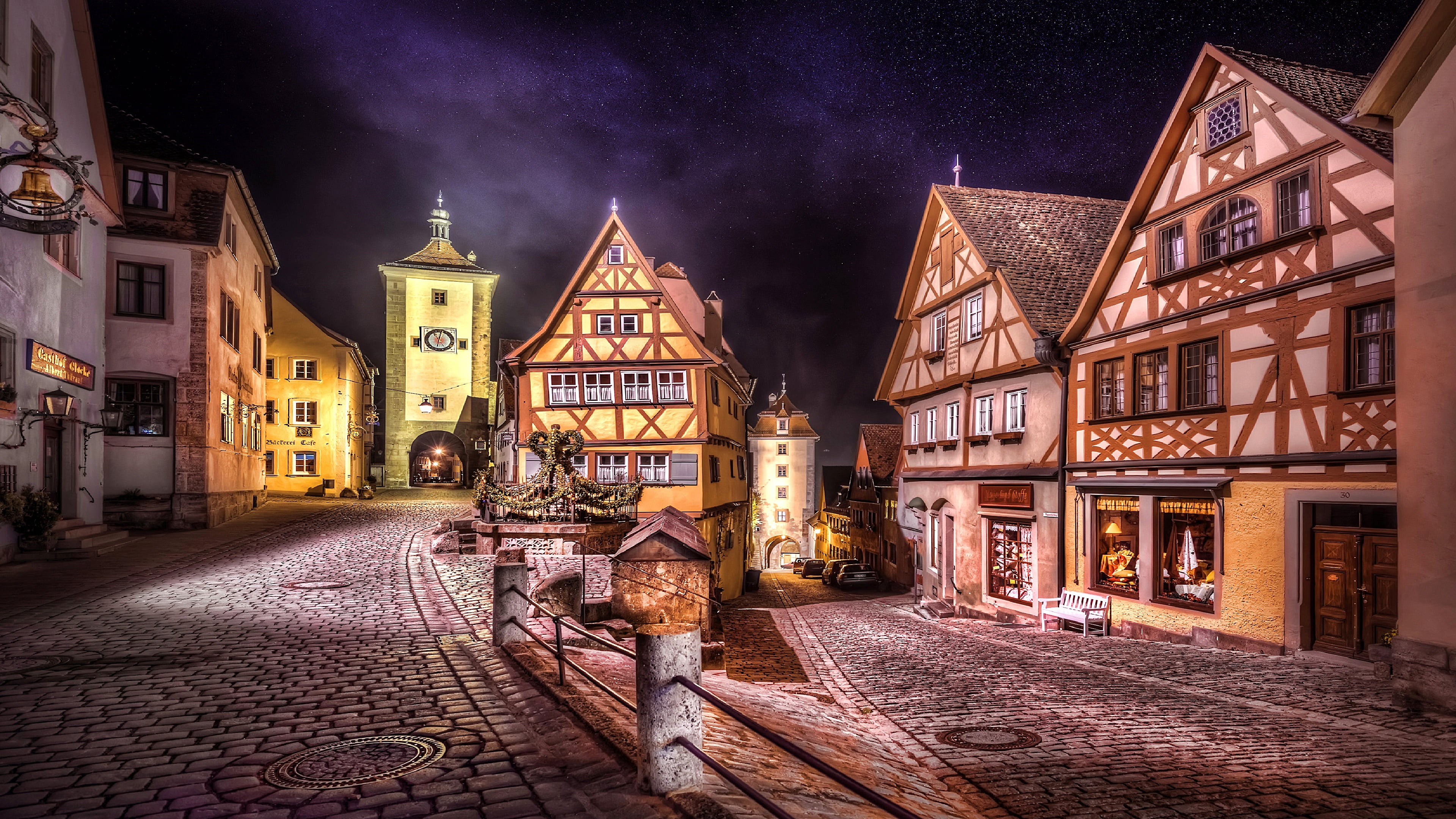 countryside, religion, transportation, romantic road, europe, street view, town, residential district, paving stone, 4K, footpath, evening, historical, HD Wallpaper