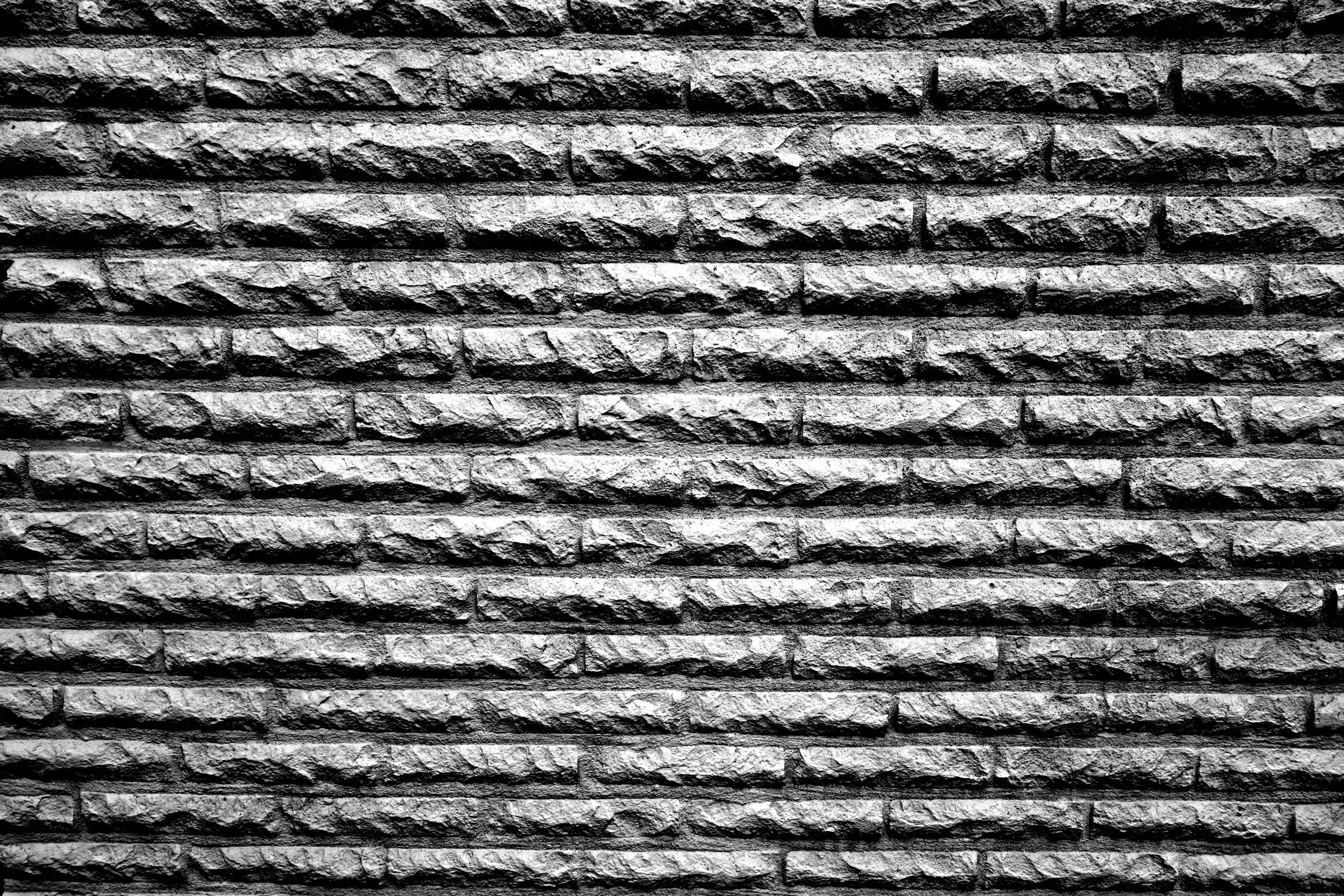 brick wall, textured, wall, black and white, pattern, house, outdoors, stone, metal, material, grey, structure, texture, repetition, brick texture, full frame, HD Wallpaper