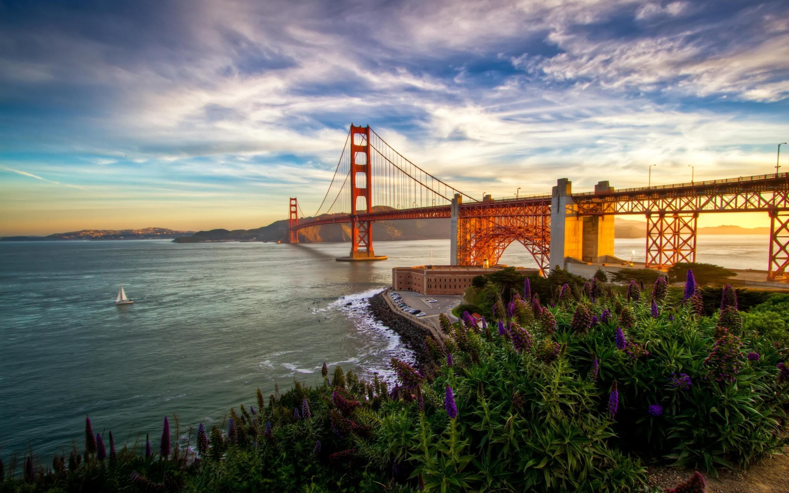 beauty in nature, architecture, outdoors, 2K, sky, connection, usa, bridge - man made structure, plant, bay, transportation, bridge, Golden Gate Bridge, HD Wallpaper