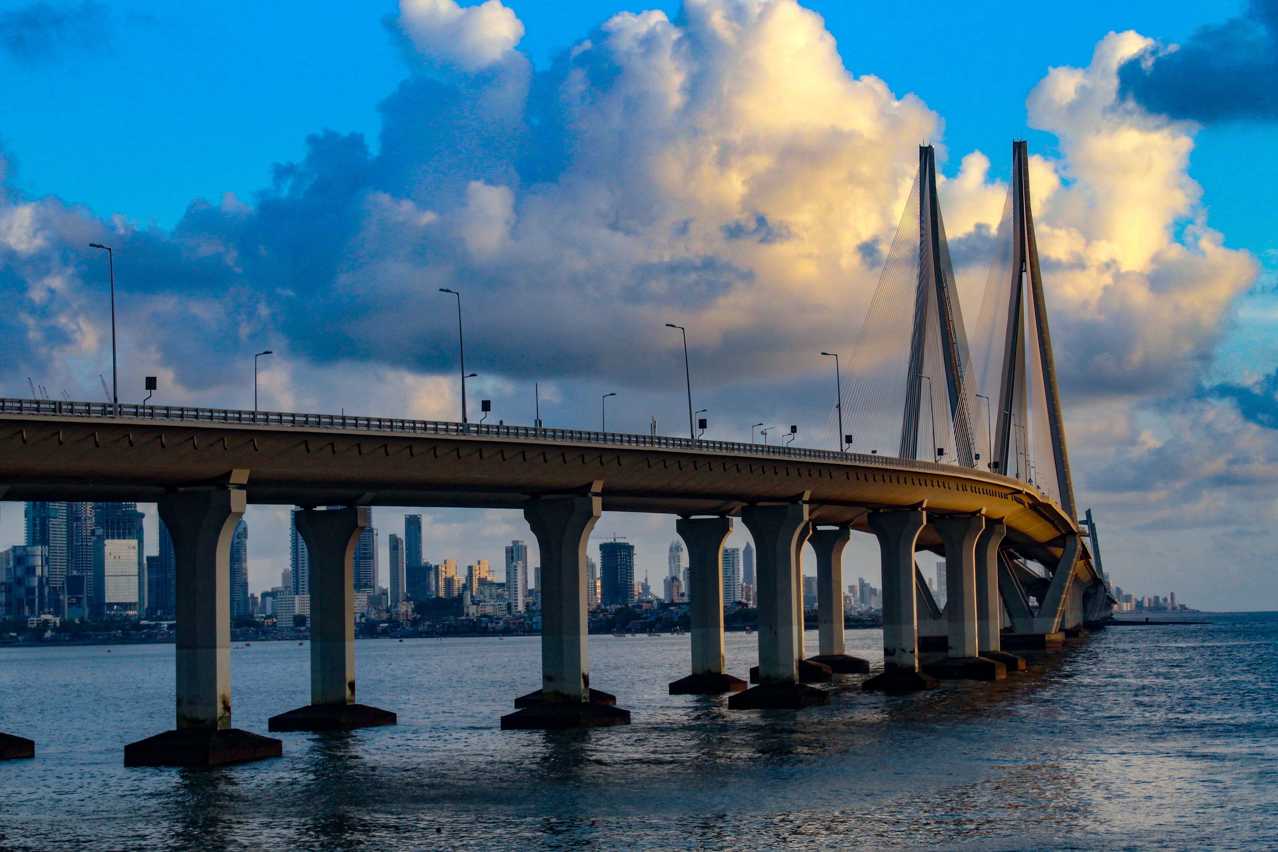 link, city, sky, engineering, built structure, architectural column, architecture, 5K, travel destinations, connection, sea, travel, bandra-worli, cloud - sky, HD Wallpaper