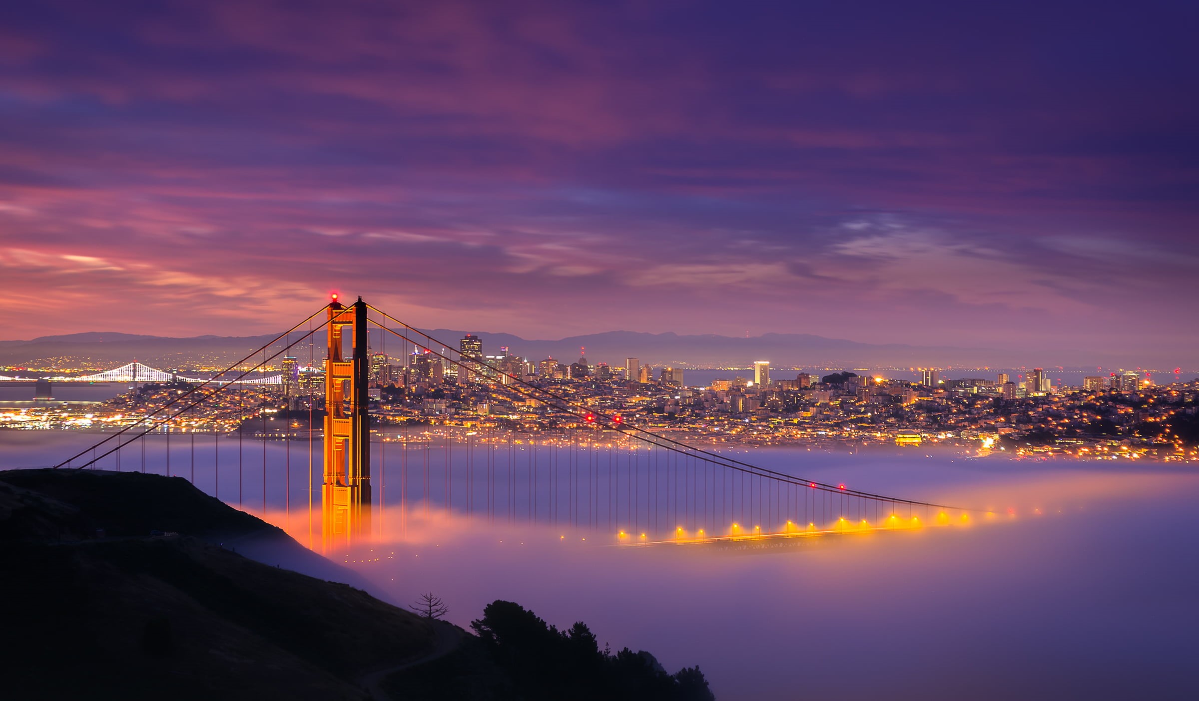 sea, clouds, night, cityscape, Dreamy, Golden Gate Bridge, SF, lights, architecture, urban Skyline, gate, fog, sky, California  San Francisco, skyline, HD Wallpaper