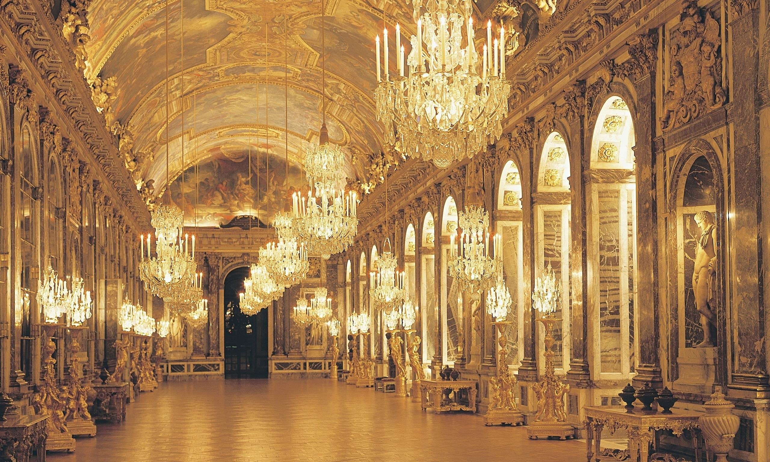 clear, architectural column, indoors, architecture and art, building, place of worship, 2K, tourism, Hall of Mirrors, built structure, abbey, religion, HD Wallpaper