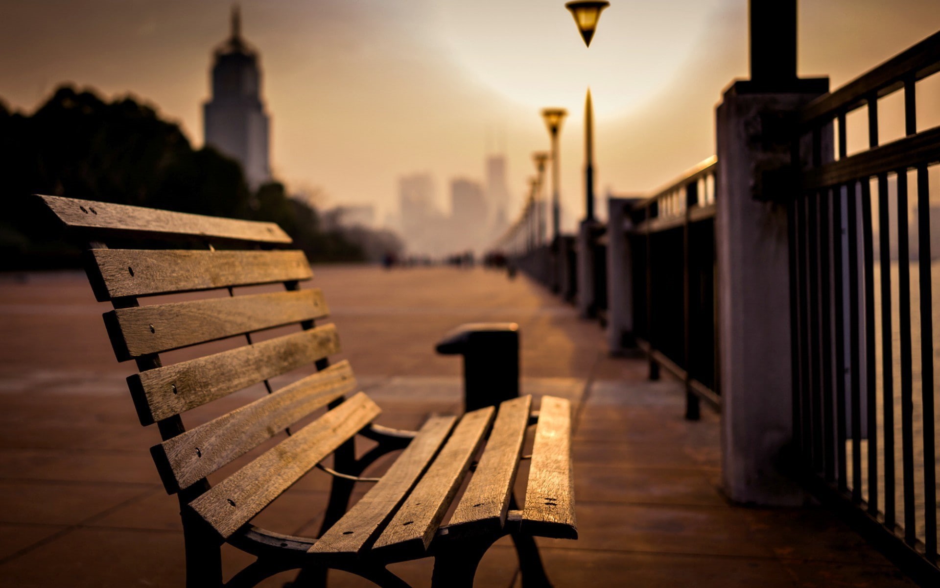 no people, lamp, people, background, built structure, full screen, focus on foreground, railing, the fence, fullscreen, the evening, seat, wooden, HD Wallpaper
