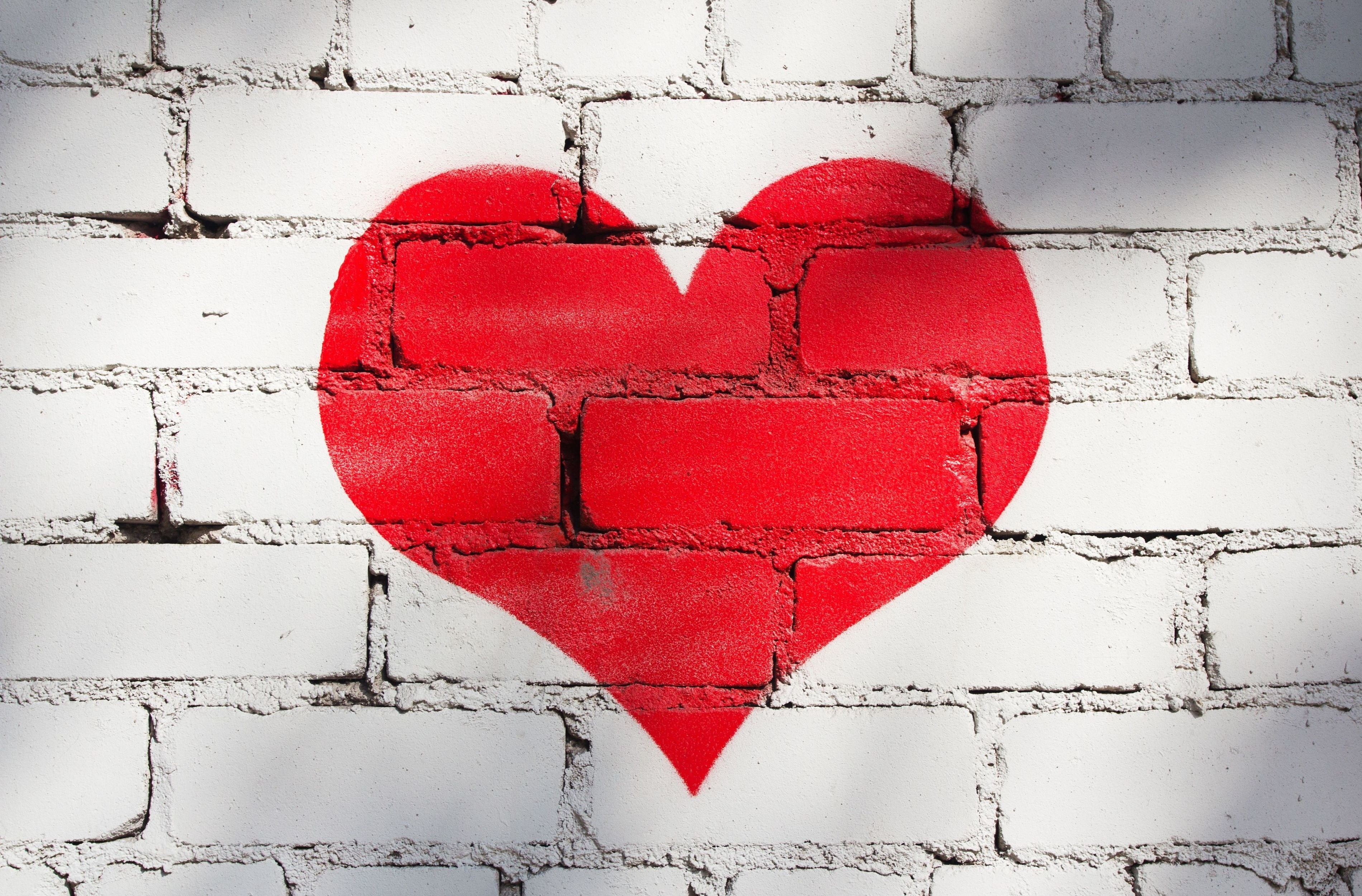 brick wall, brick, bricks, backgrounds, valentines day - holiday, paint, full screen, close-up, architecture, red, textured, art and craft, design, HD Wallpaper