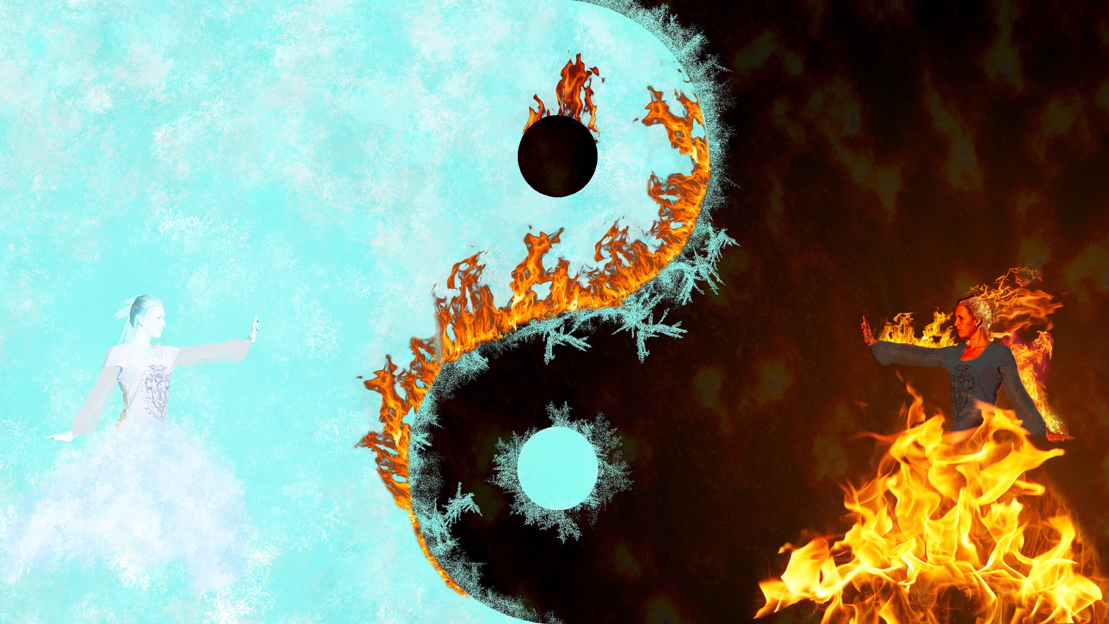 swimming pool, swimming, fire, women, water, Yin and Yang, full length, 4K, fire - natural phenomenon, motion, underwater, animal wildlife, yin, digital composite, HD Wallpaper